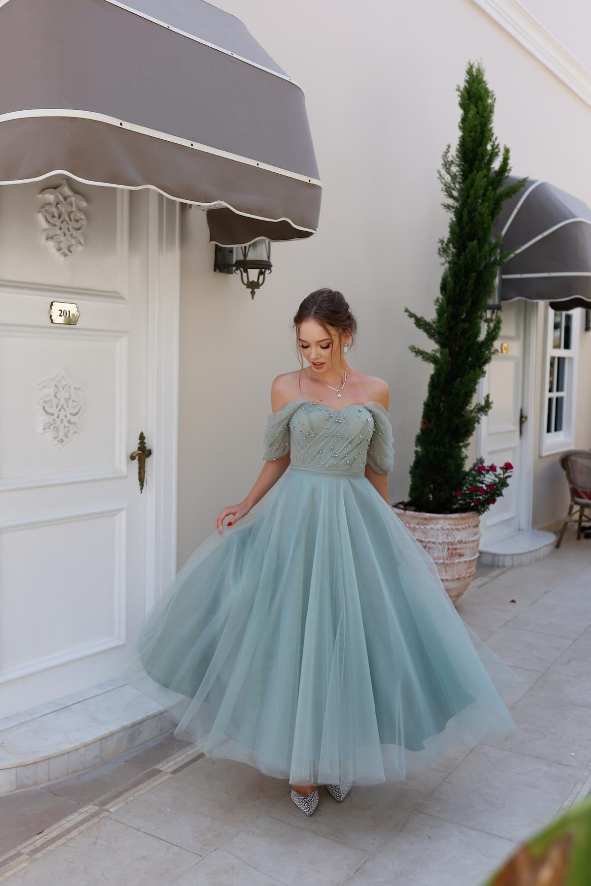TheElsa | GİYİM | TAKI | Clara Mint Yeşil Özel Tasarım Abiye Tül ElbiseÖZEL ÜRETİM ELBİSEClara Mint Green Special Design Evening Dress Tulle Dress