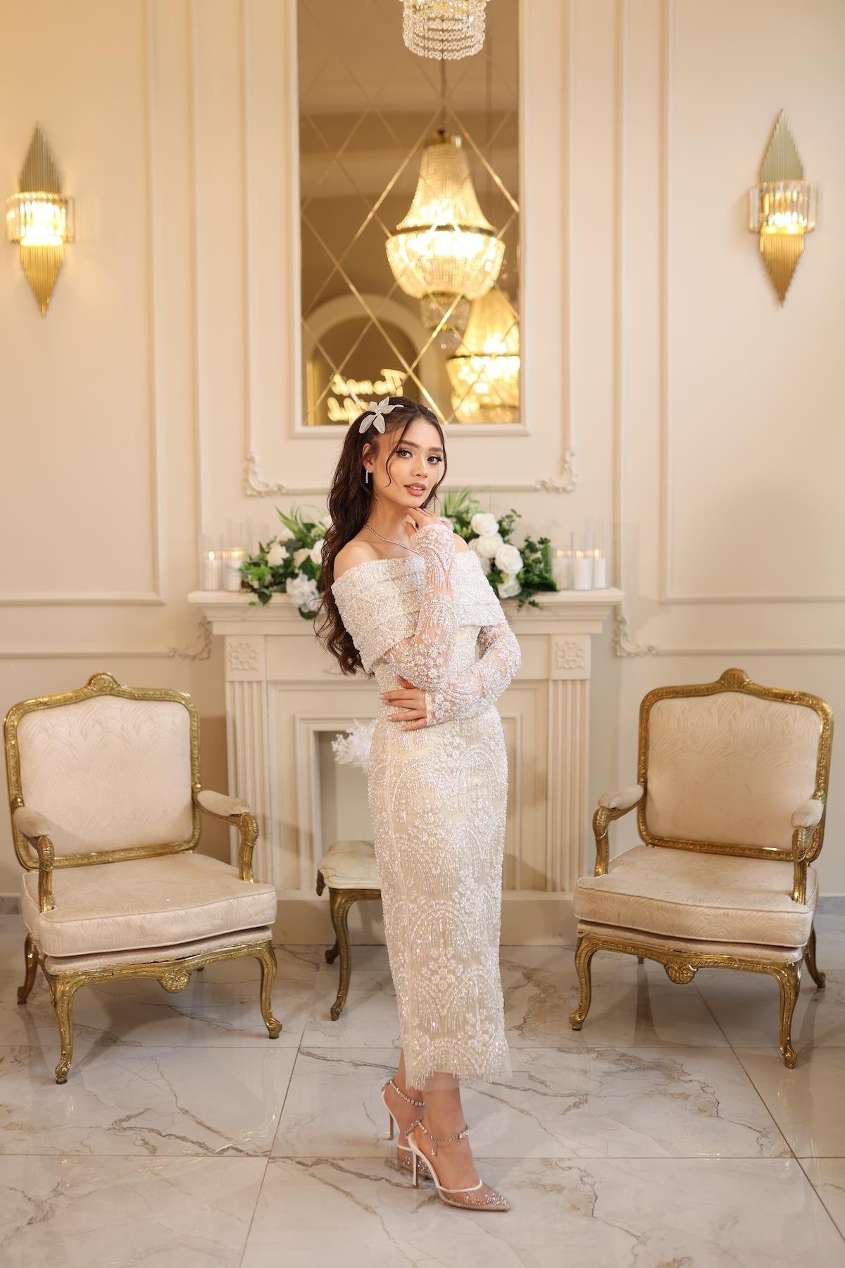 TheElsa | LALİN DANTEL BOLEROBEYAZ DANTEL ELBİSELERLalin Dantel Bolero Beyaz Çiçekli Nişan Nikah Davet Elbise
