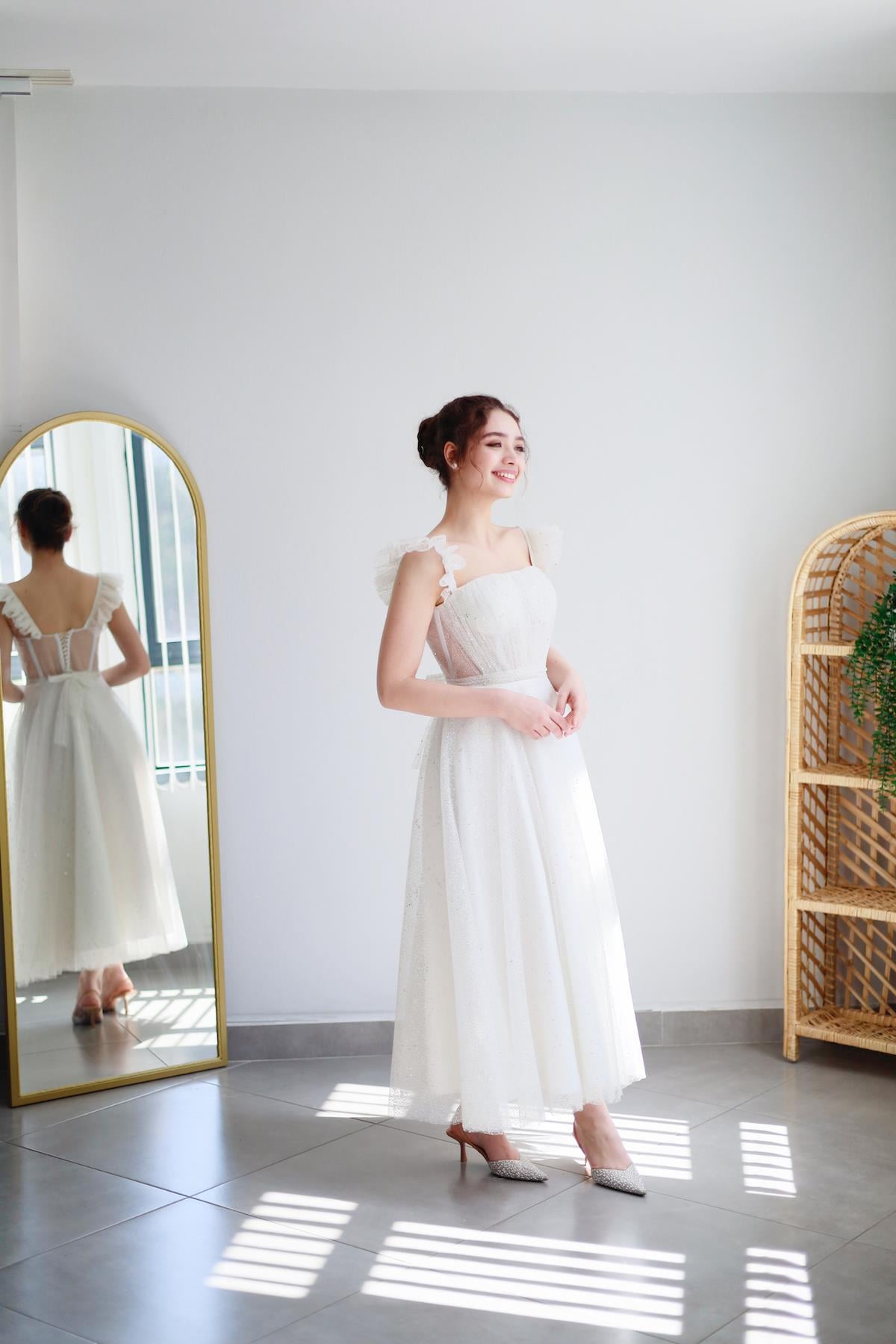 TheElsa | Kişiye Özel Üretim Abiye Elbise | Melissa Beyaz Özel Tasarım Simli Tül Abiye ElbiseÖZEL ÜRETİM ELBİSEMelissa White Special Design Silvery Tulle Evening Dress