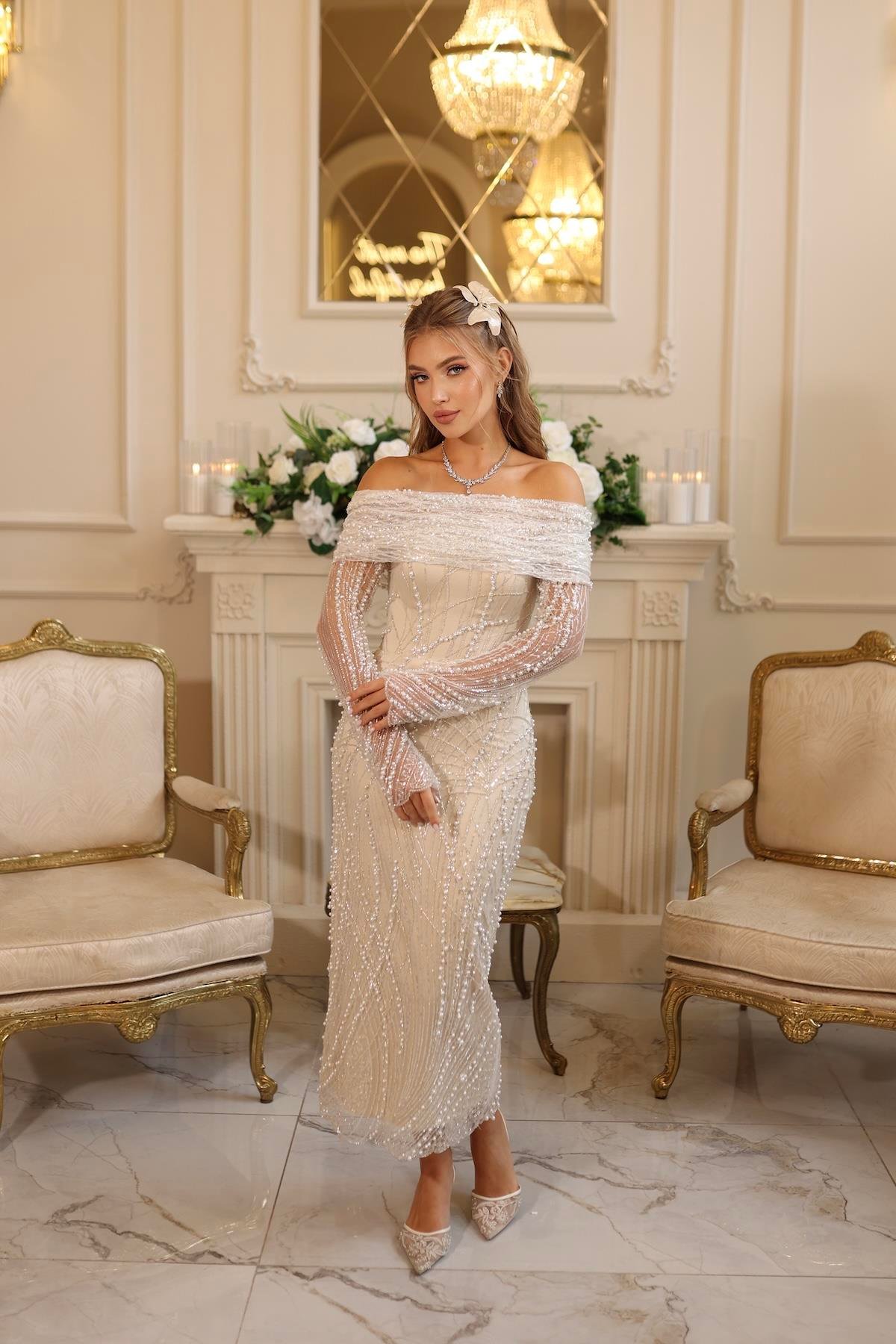 TheElsa | TIARA KALEM BEYAZ DANTEL ELBİSELERTiara İnci Kalem Beyaz Dantel Nişan Nikah Elbise