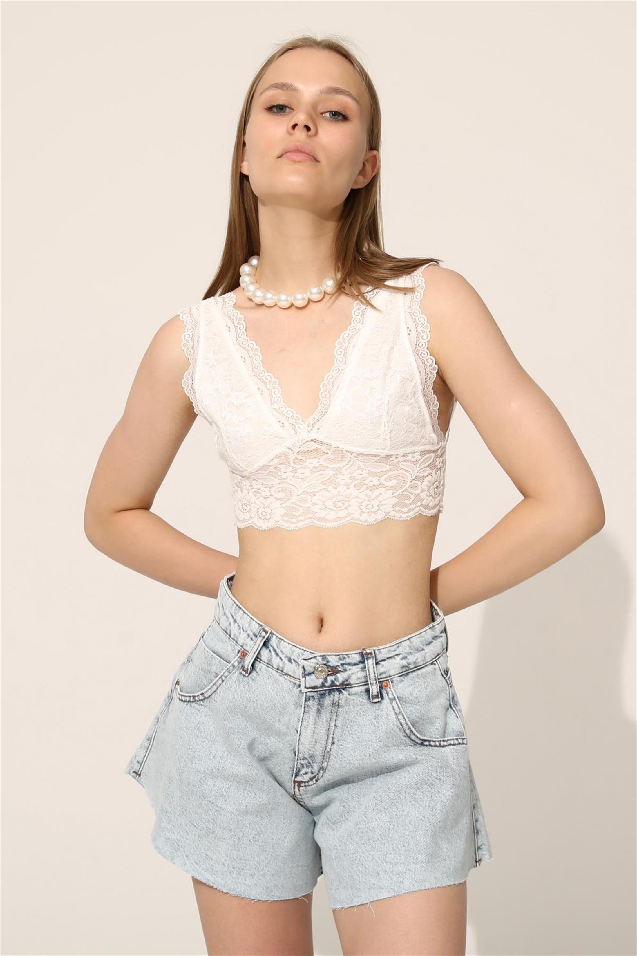 Kadın Fileli V Yaka Dantel Bralet