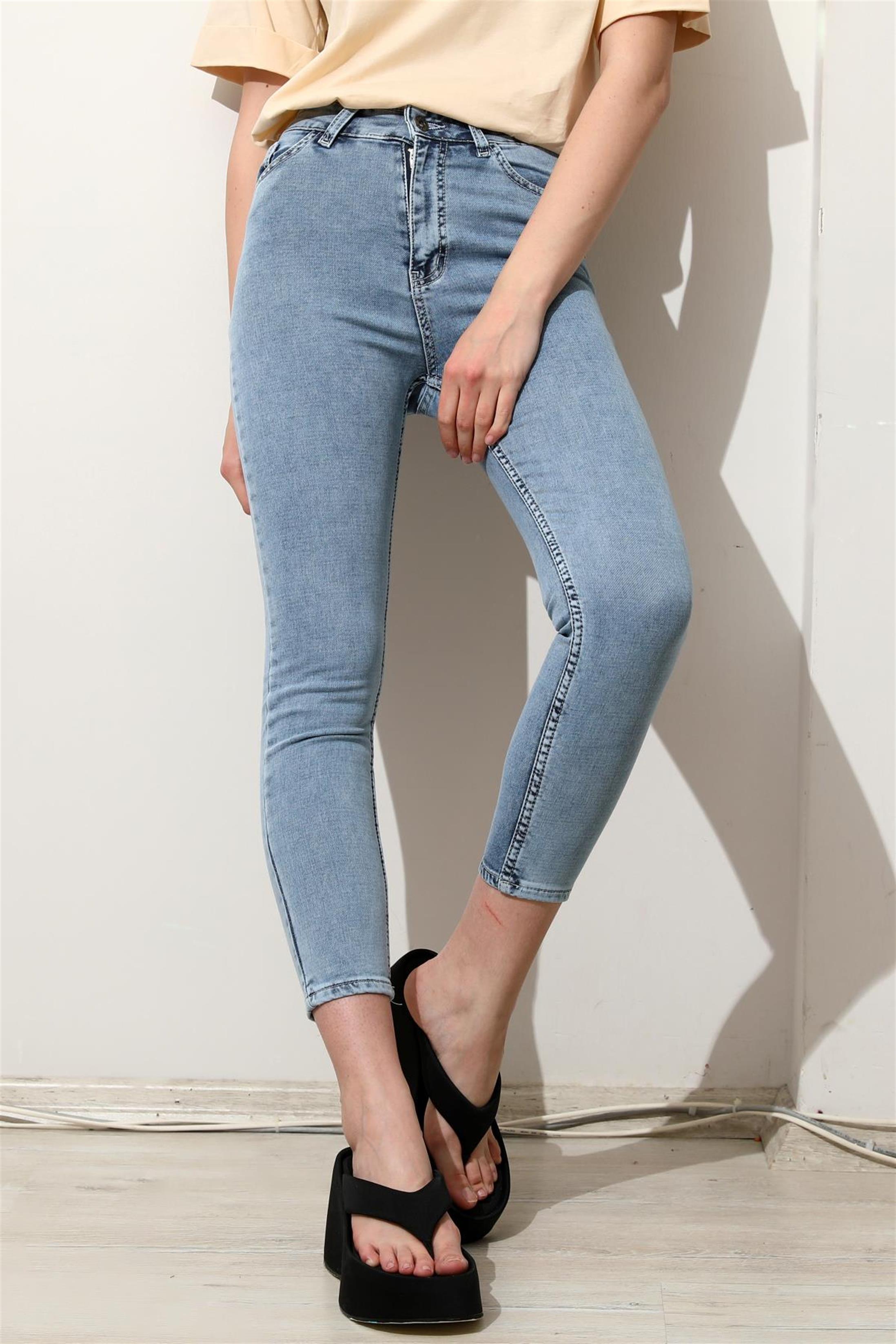 Kadın Yüksek Bel Dar Paça Slim Fit Denim Jean Pantolon