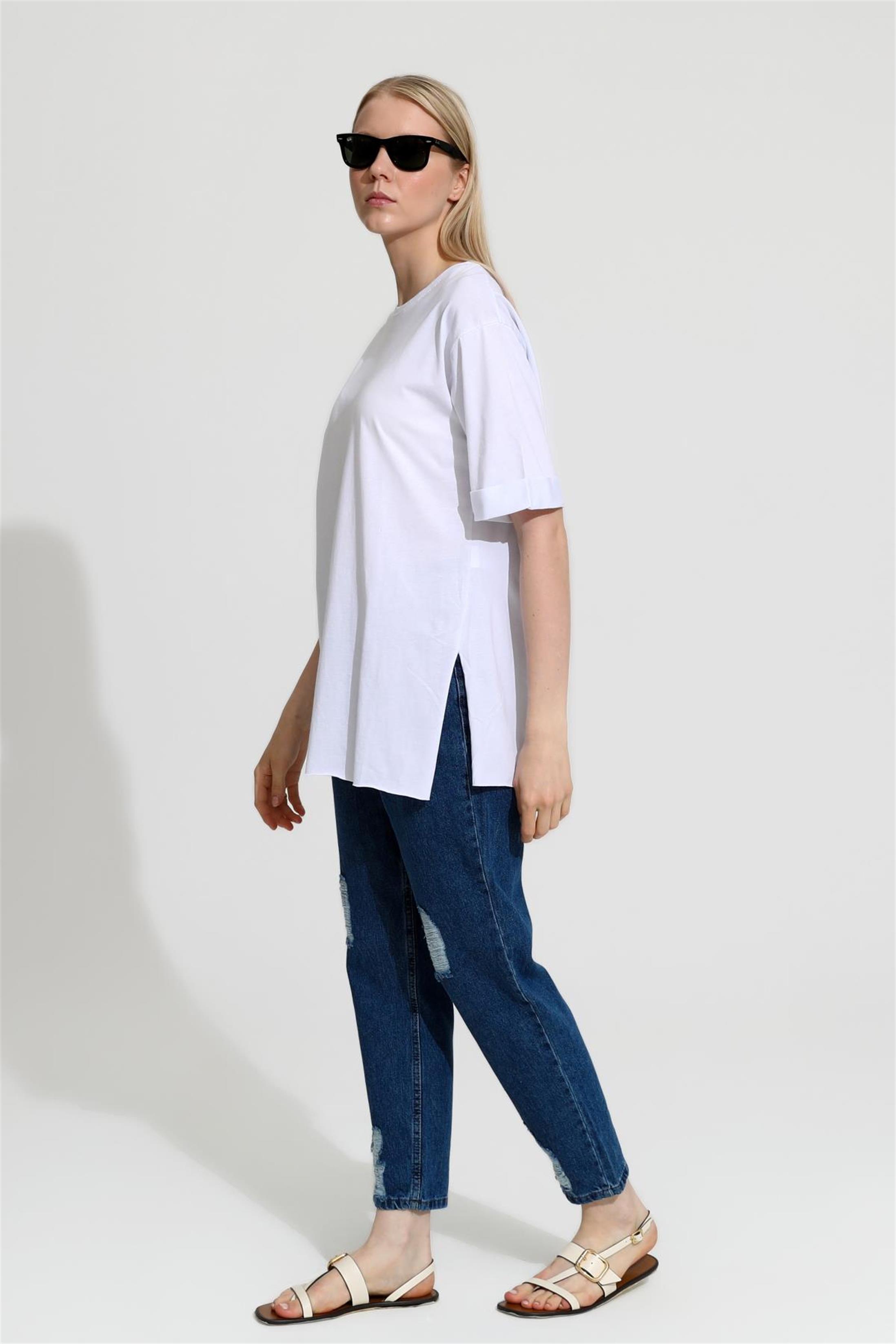 Kadın Bisiklet Yaka Duble Kol Oversize Yırtmaçlı T-Shirt