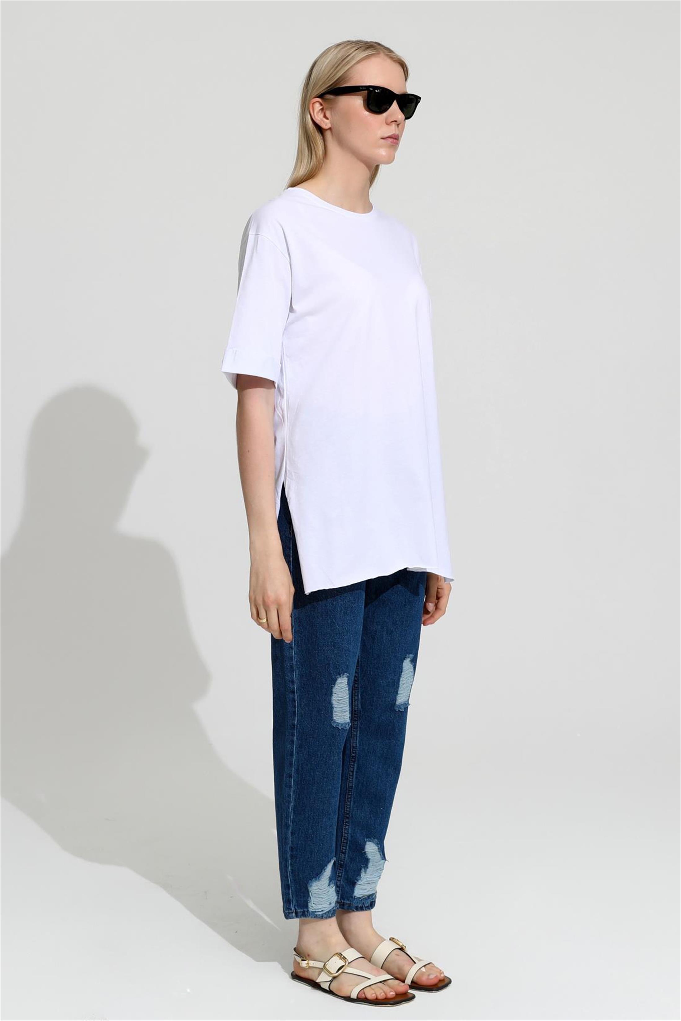 Kadın Bisiklet Yaka Duble Kol Oversize Yırtmaçlı T-Shirt