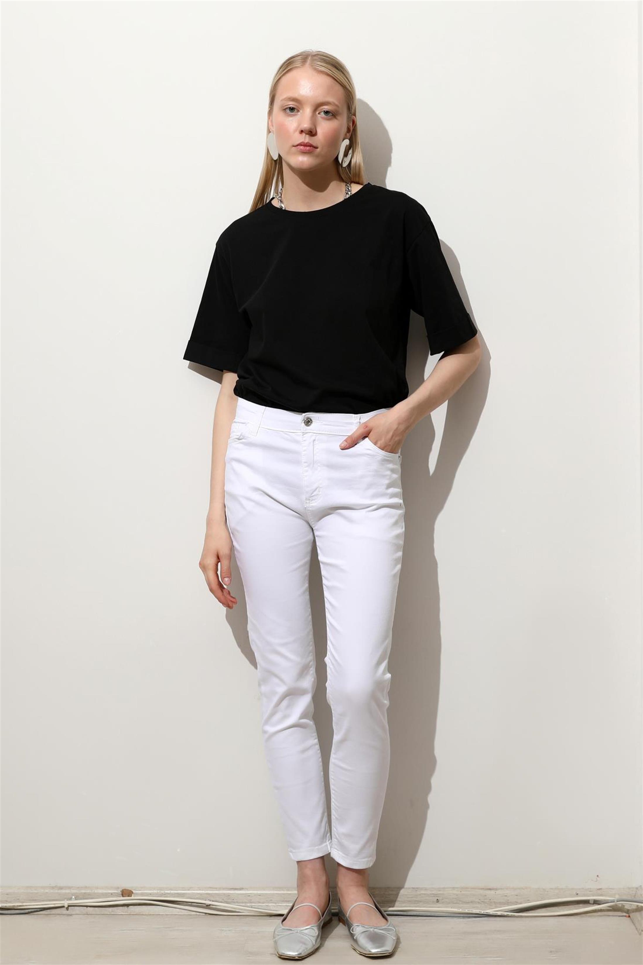 Kadın Bisiklet Yaka Duble Kol Oversize Yırtmaçlı T-Shirt