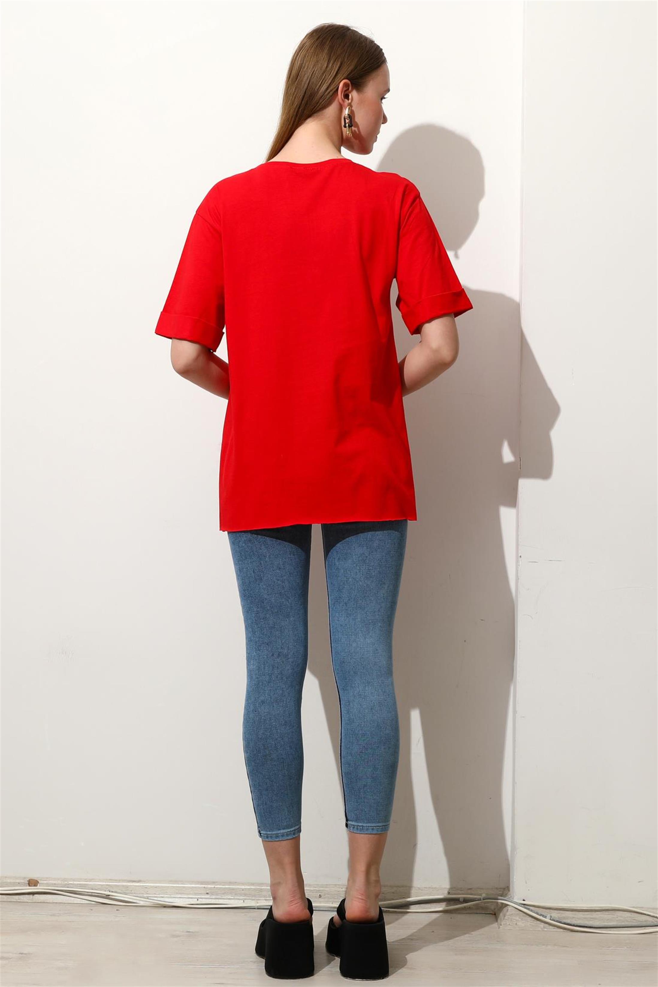 Kadın Bisiklet Yaka Duble Kol Oversize Yırtmaçlı T-Shirt