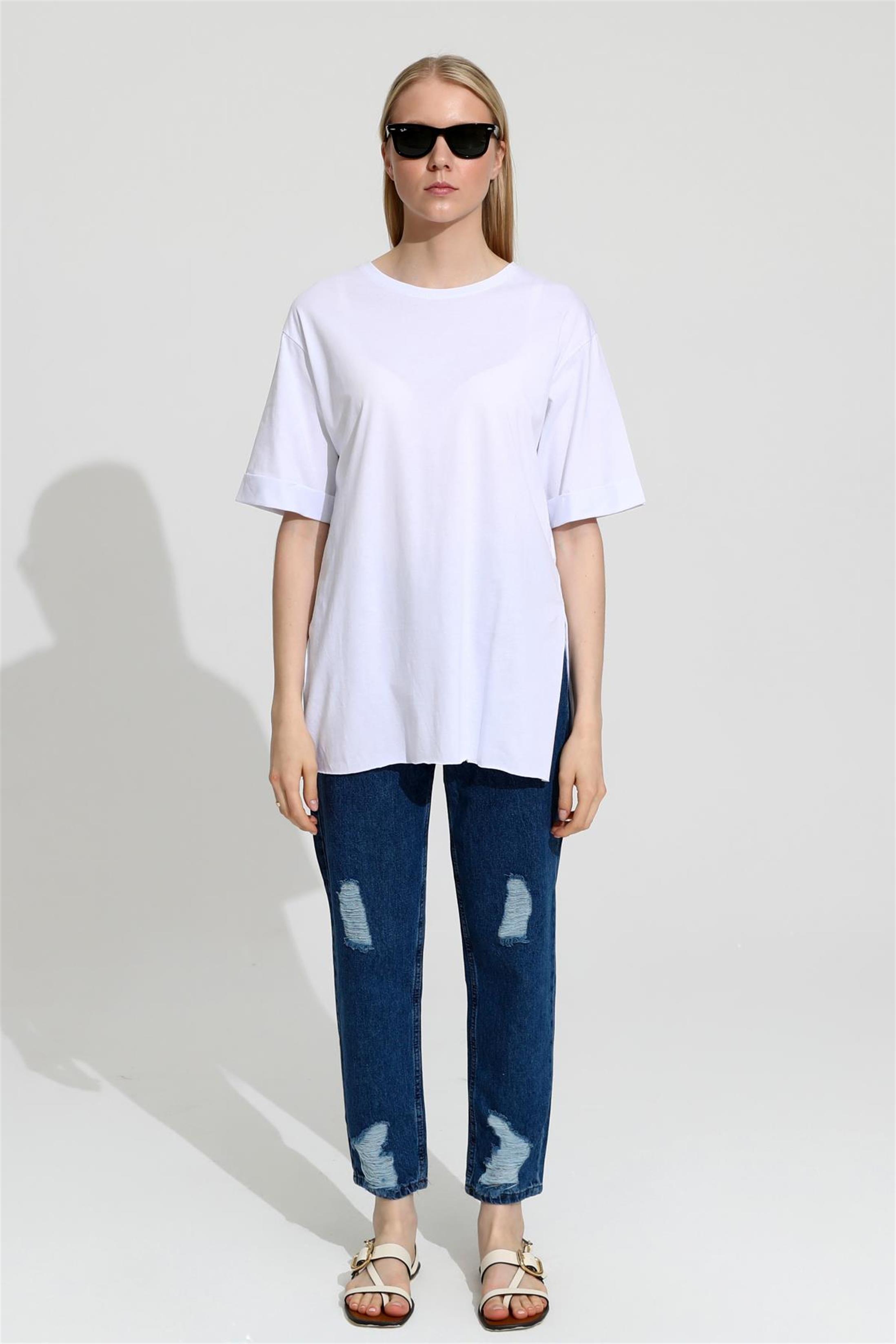 Kadın Bisiklet Yaka Duble Kol Oversize Yırtmaçlı T-Shirt