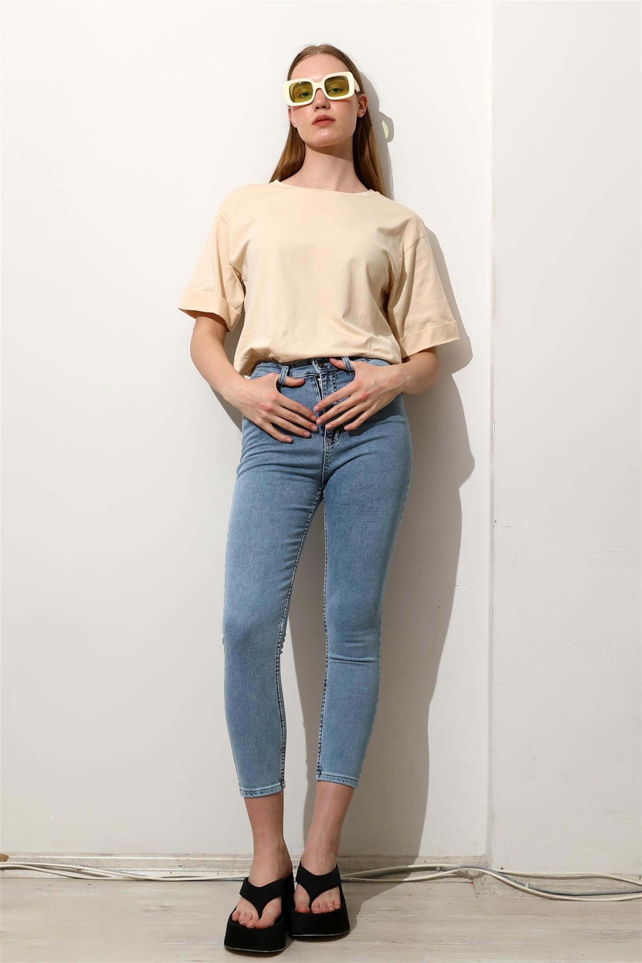 Kadın Bisiklet Yaka Duble Kol Oversize Yırtmaçlı T-Shirt