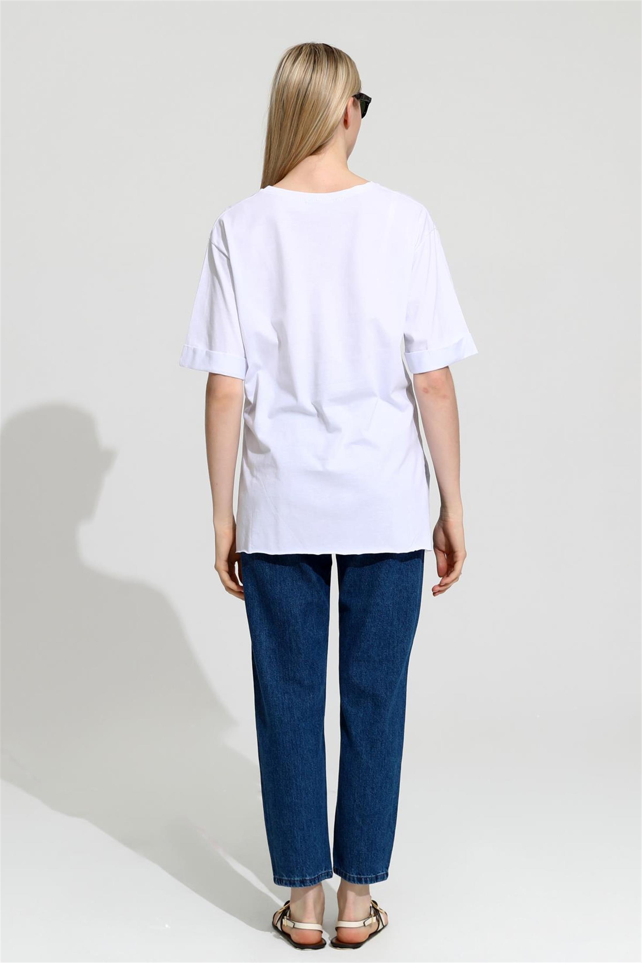 Kadın Bisiklet Yaka Duble Kol Oversize Yırtmaçlı T-Shirt