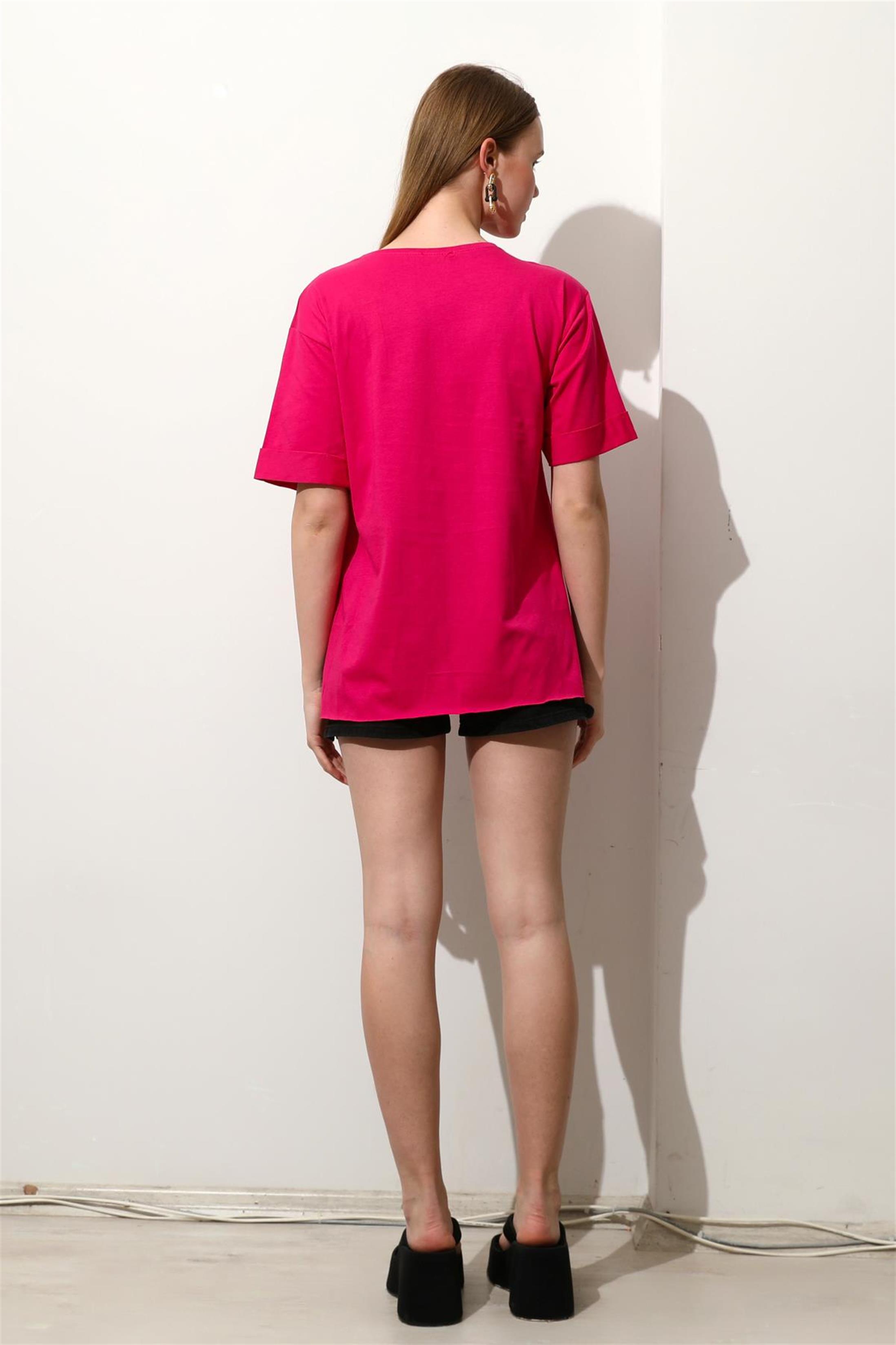 Kadın Bisiklet Yaka Duble Kol Oversize Yırtmaçlı T-Shirt