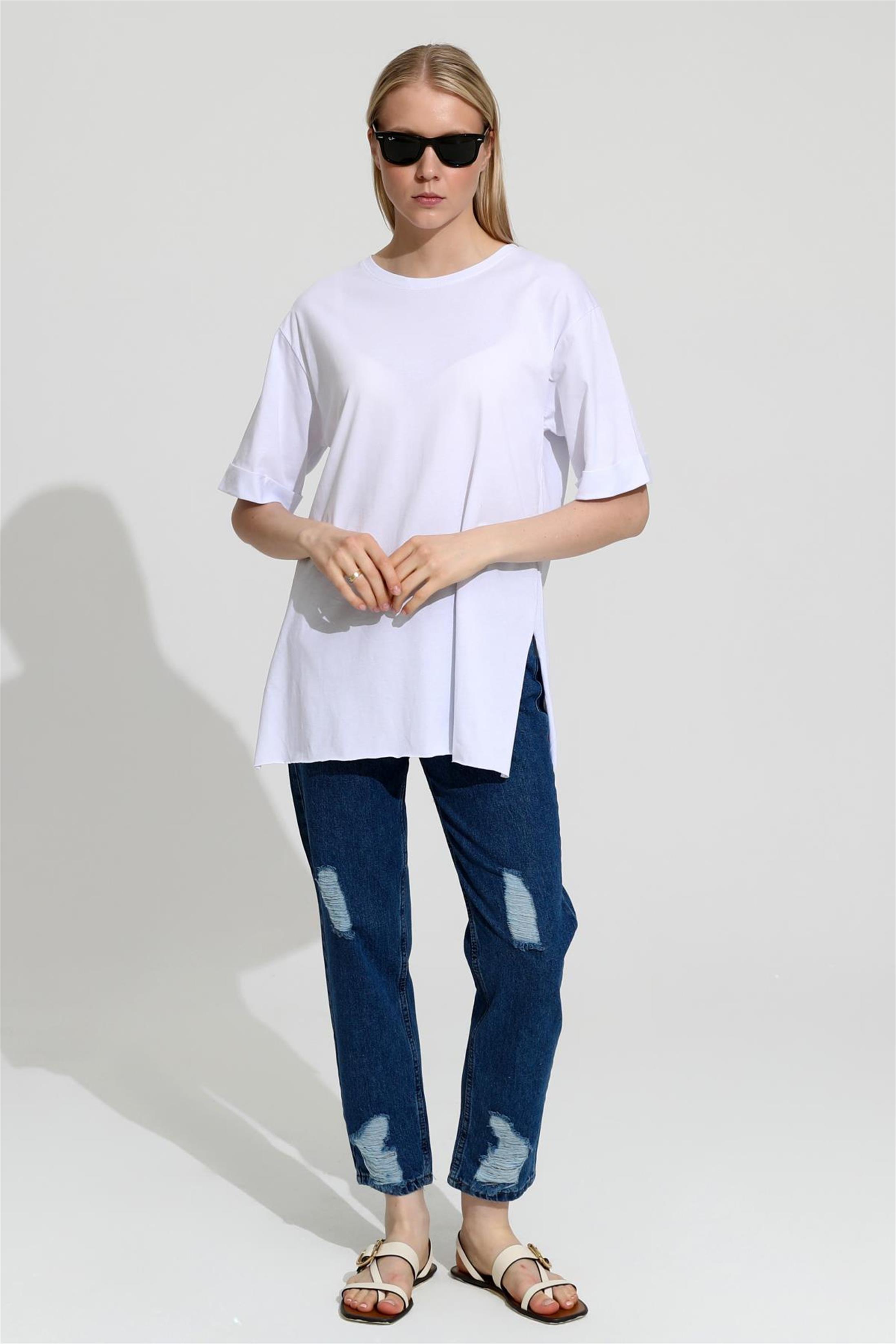 Kadın Bisiklet Yaka Duble Kol Oversize Yırtmaçlı T-Shirt
