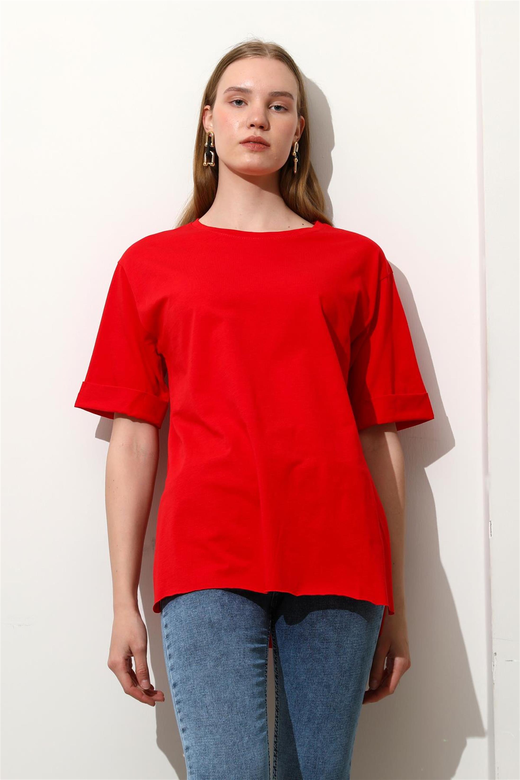 Kadın Bisiklet Yaka Duble Kol Oversize Yırtmaçlı T-Shirt