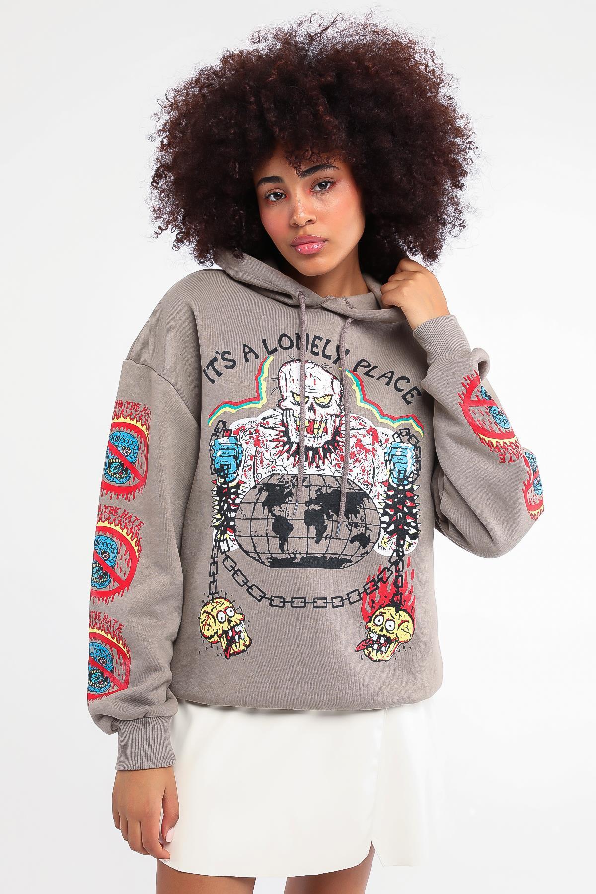 Kadın Lonely Place Baskılı Kapüşonlu Sweatshirt
