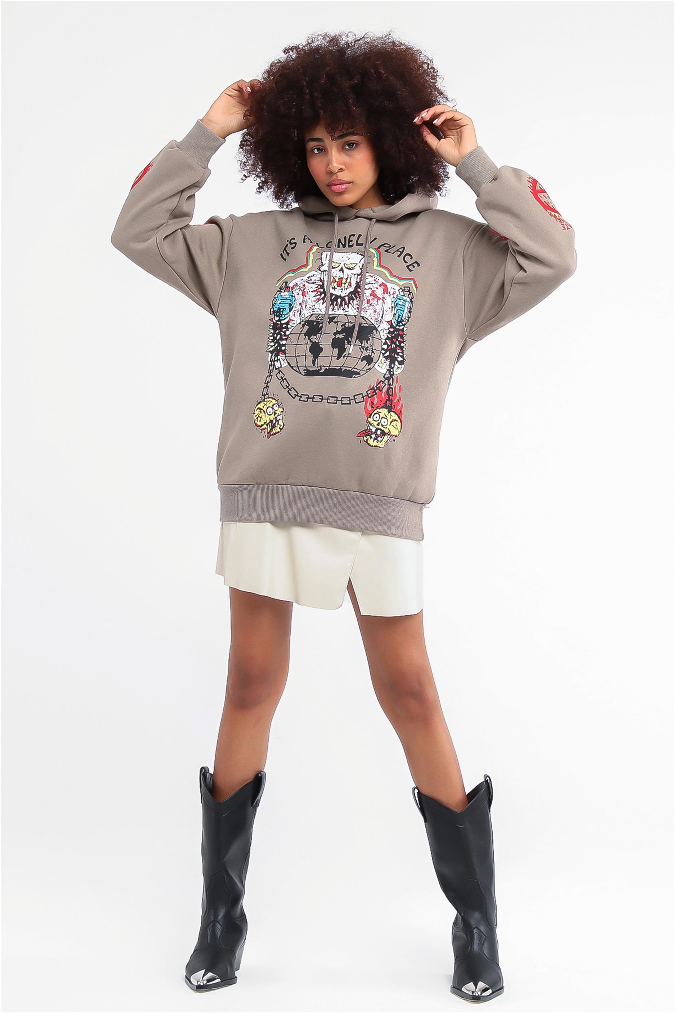 Kadın Lonely Place Baskılı Kapüşonlu Sweatshirt