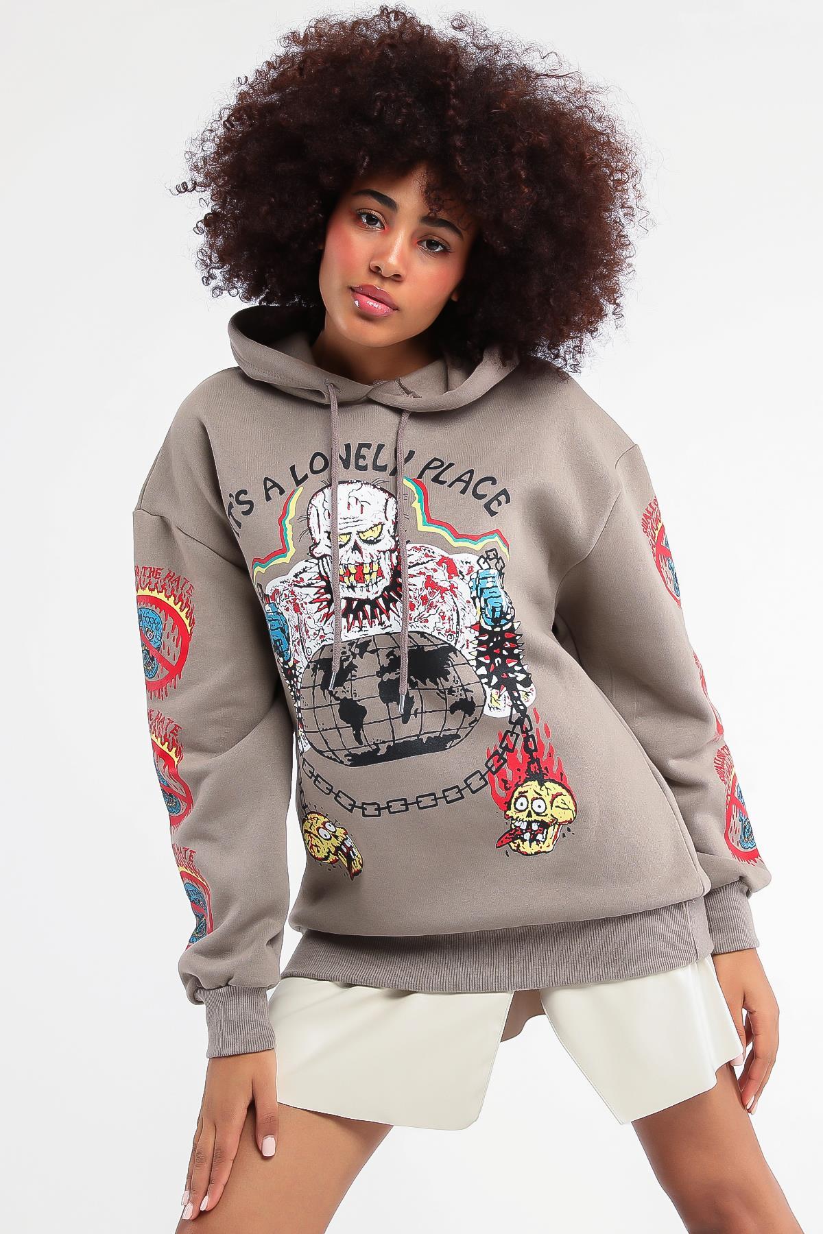 Kadın Lonely Place Baskılı Kapüşonlu Sweatshirt
