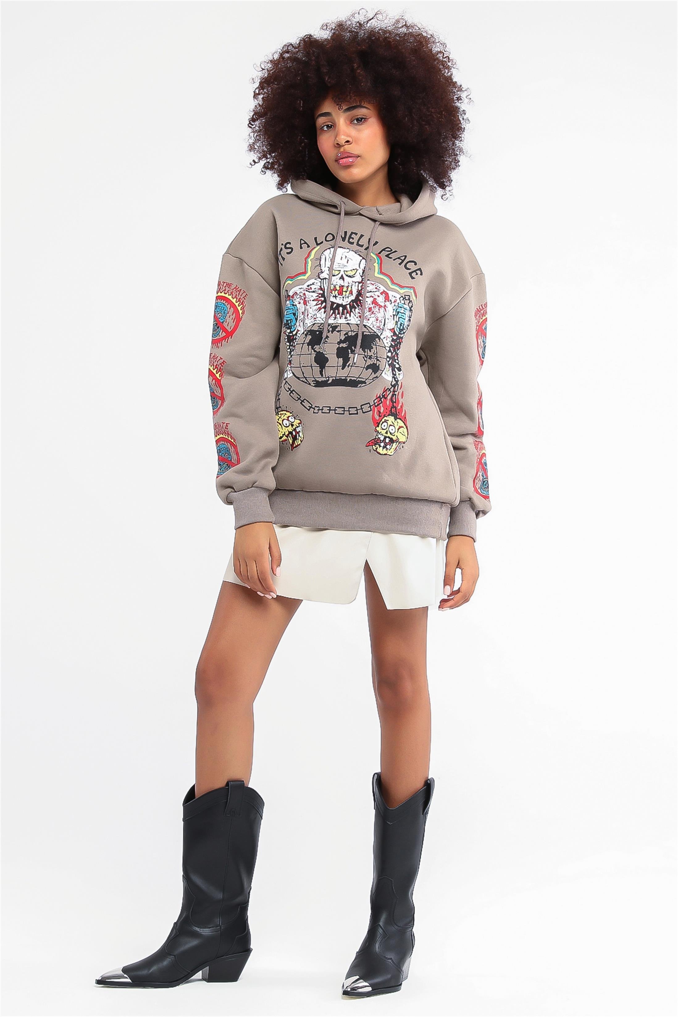 Kadın Lonely Place Baskılı Kapüşonlu Sweatshirt