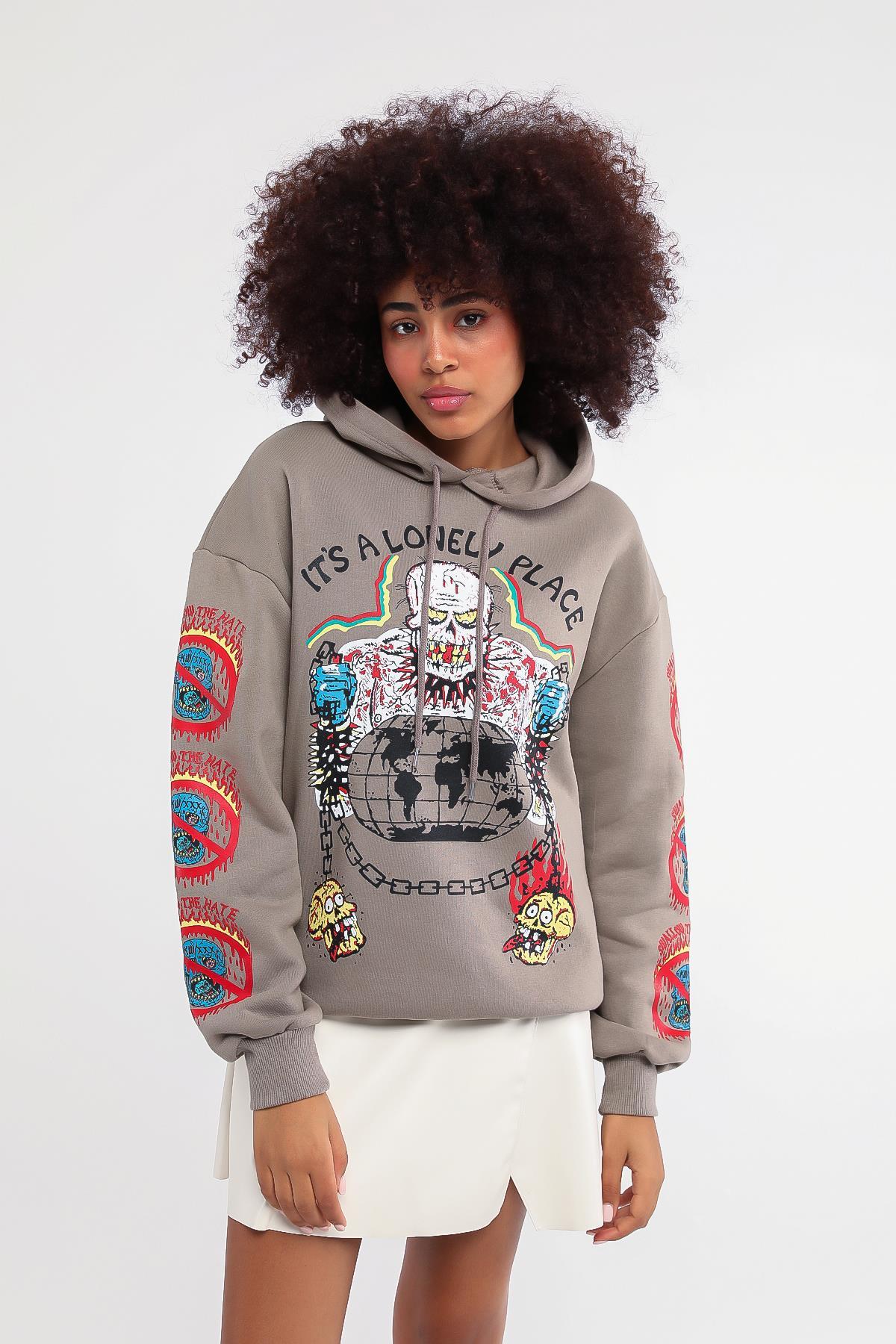 Kadın Lonely Place Baskılı Kapüşonlu Sweatshirt
