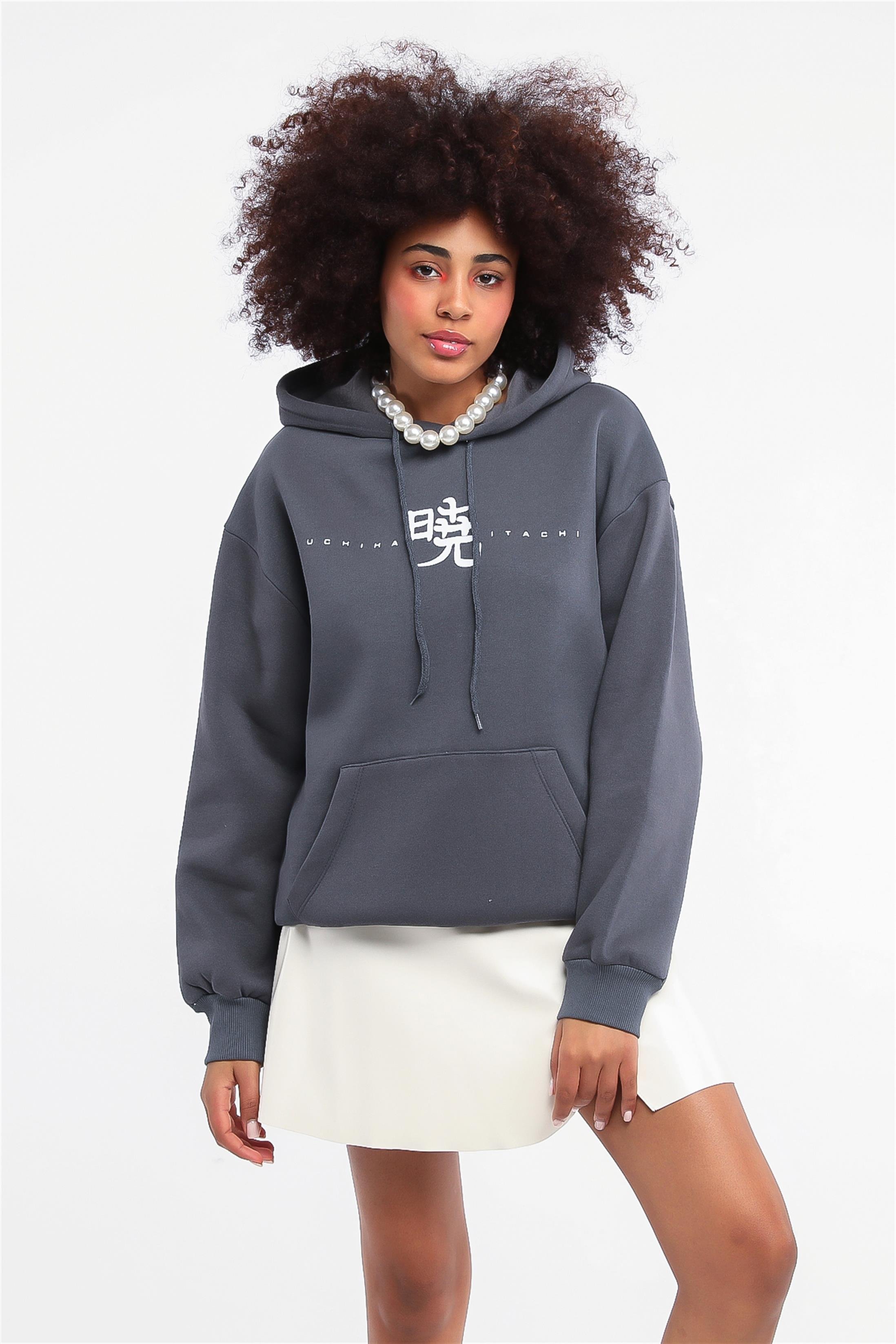 Kadın Uchiha İtachi Baskılı Kapüşonlu Sweatshirt