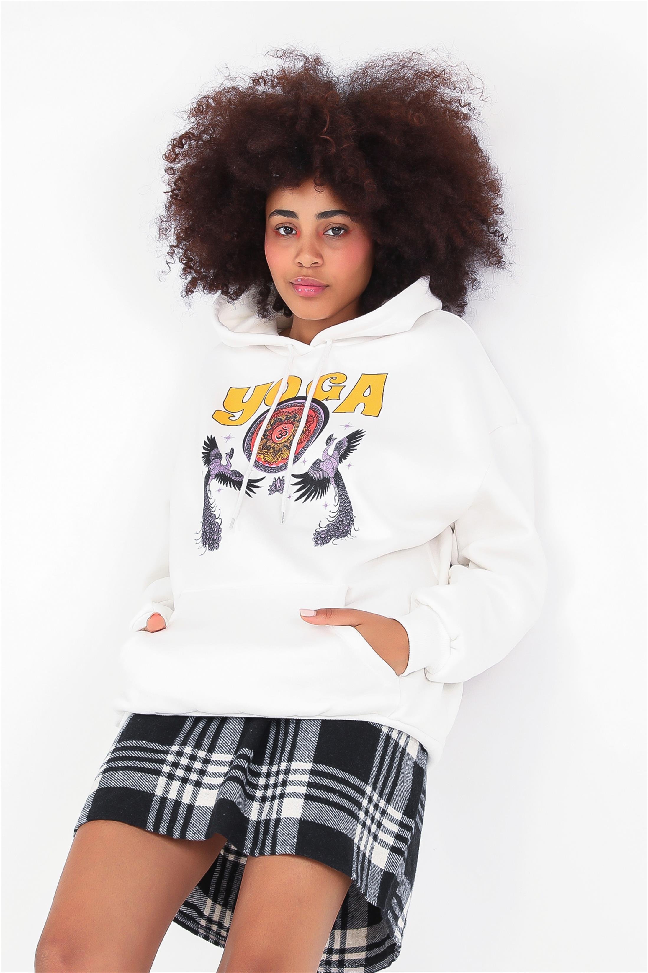 Kadın Yoga Baskılı Kapüşonlu Sweatshirt