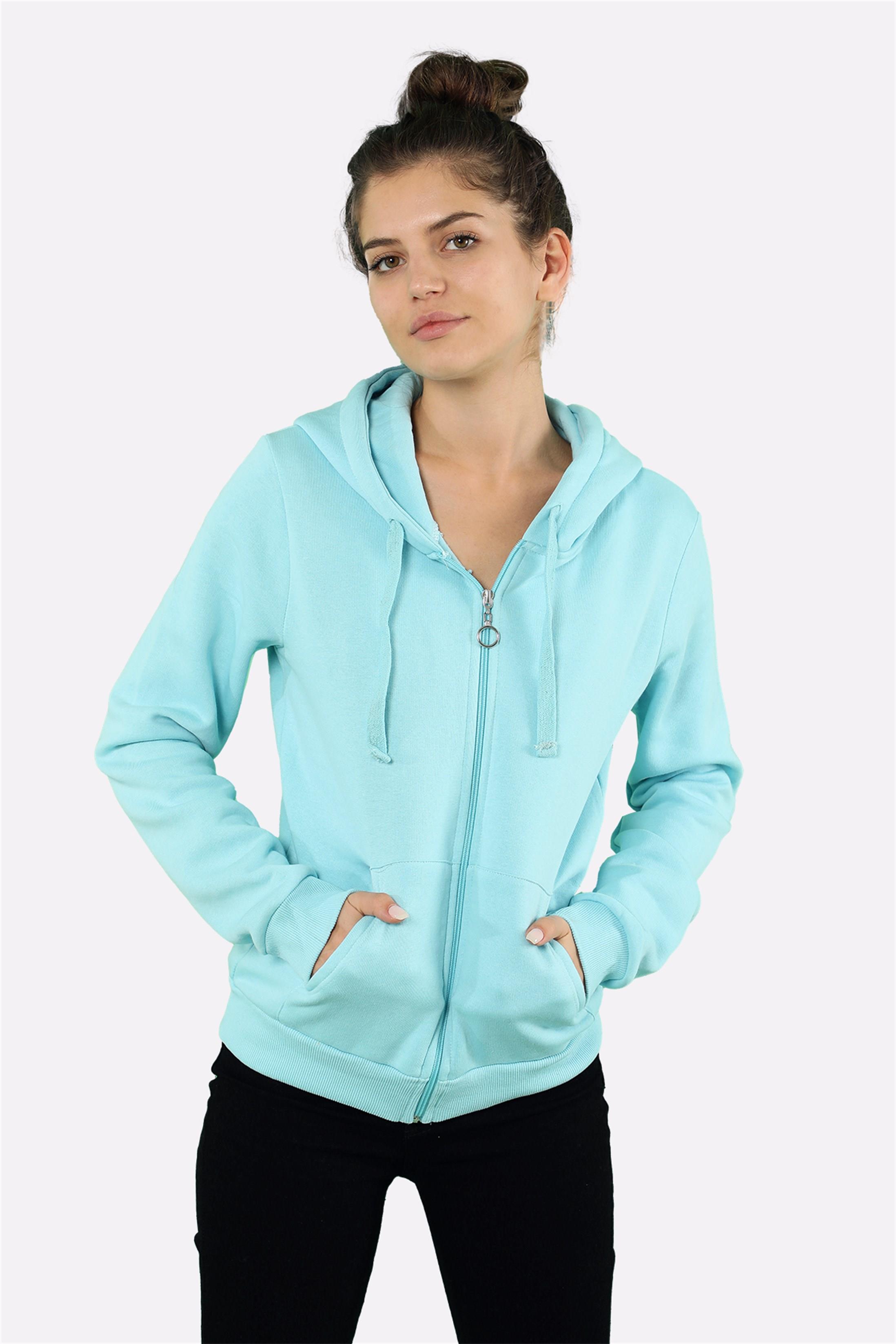 Kadın Kanguru Cepli Fermuarlı Kapüşonlu Sweatshirt
