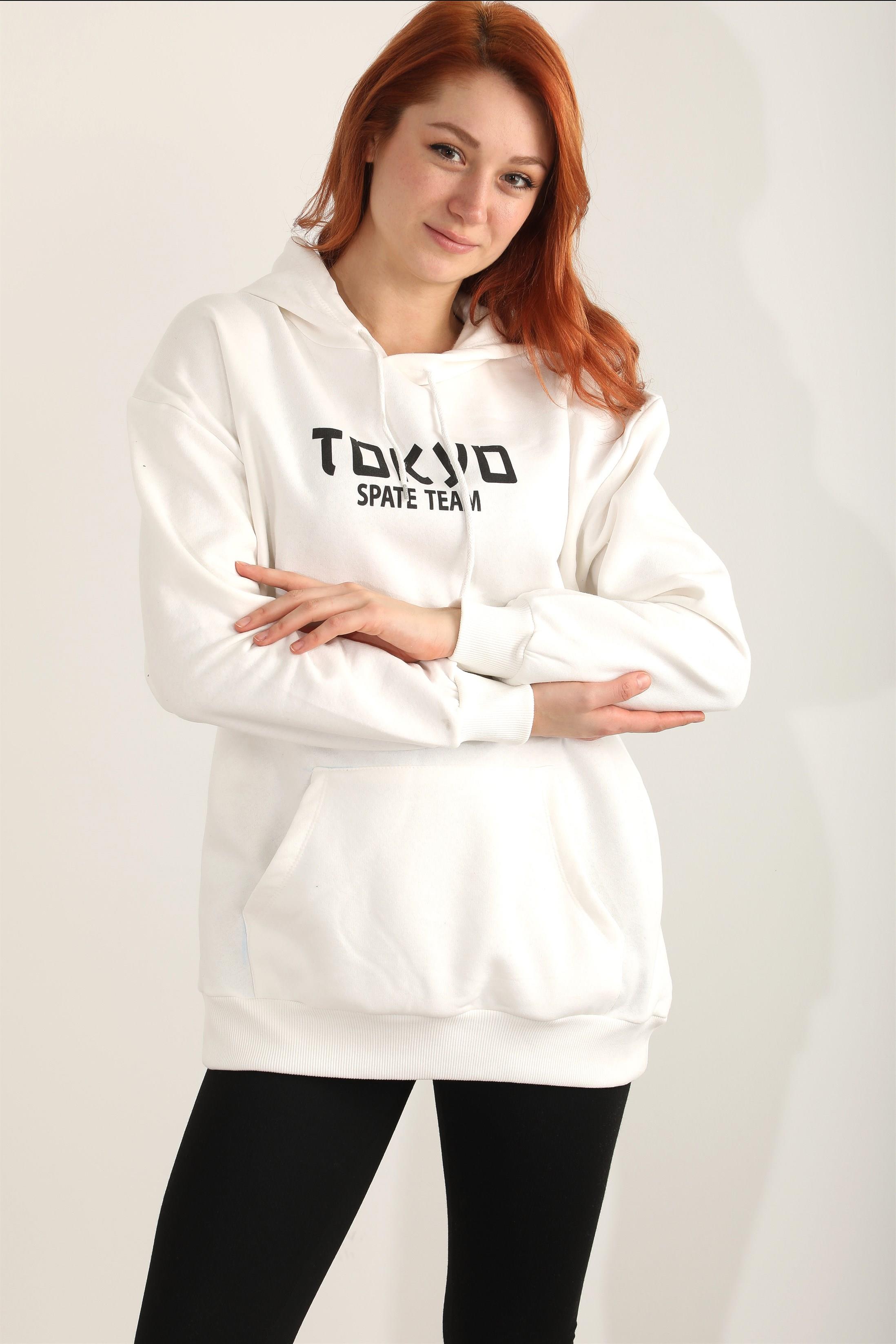 Kadın Tokyo Skate Team Baskılı Kapüşonlu Oversize Sweatshirt