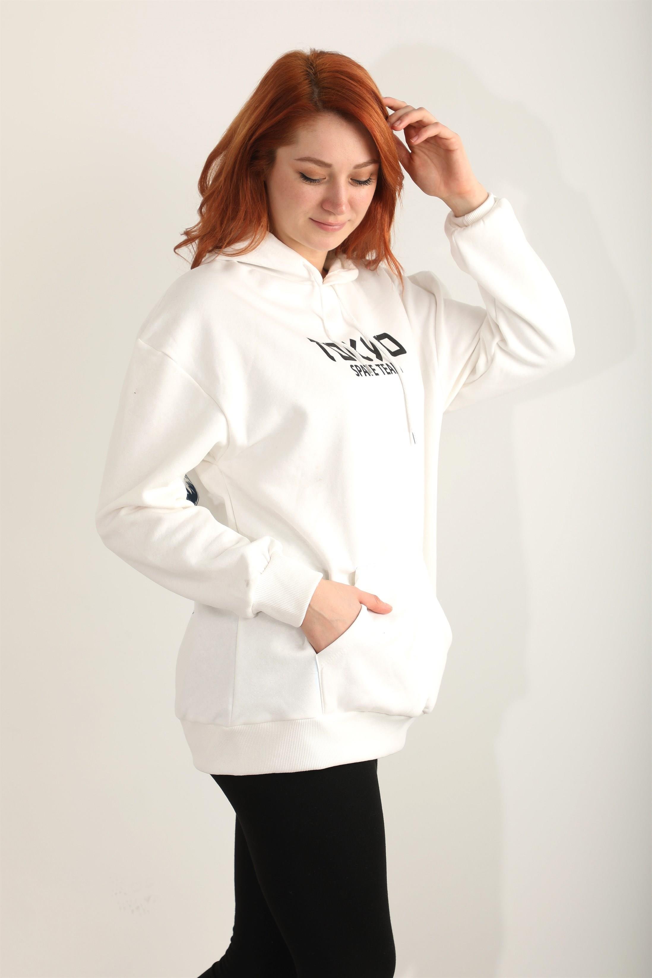 Kadın Tokyo Skate Team Baskılı Kapüşonlu Oversize Sweatshirt