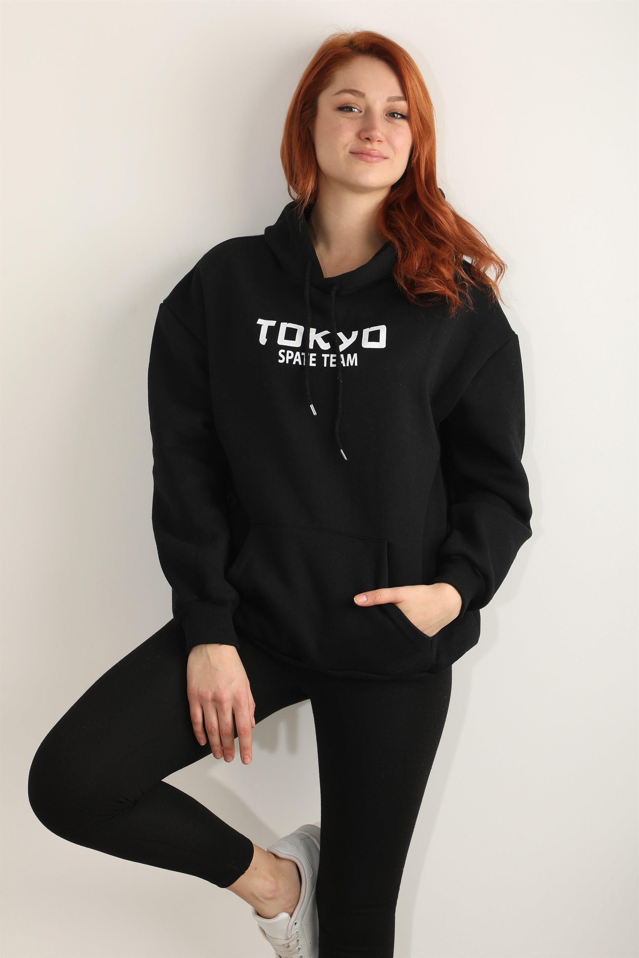 Kadın Tokyo Skate Team Baskılı Kapüşonlu Oversize Sweatshirt