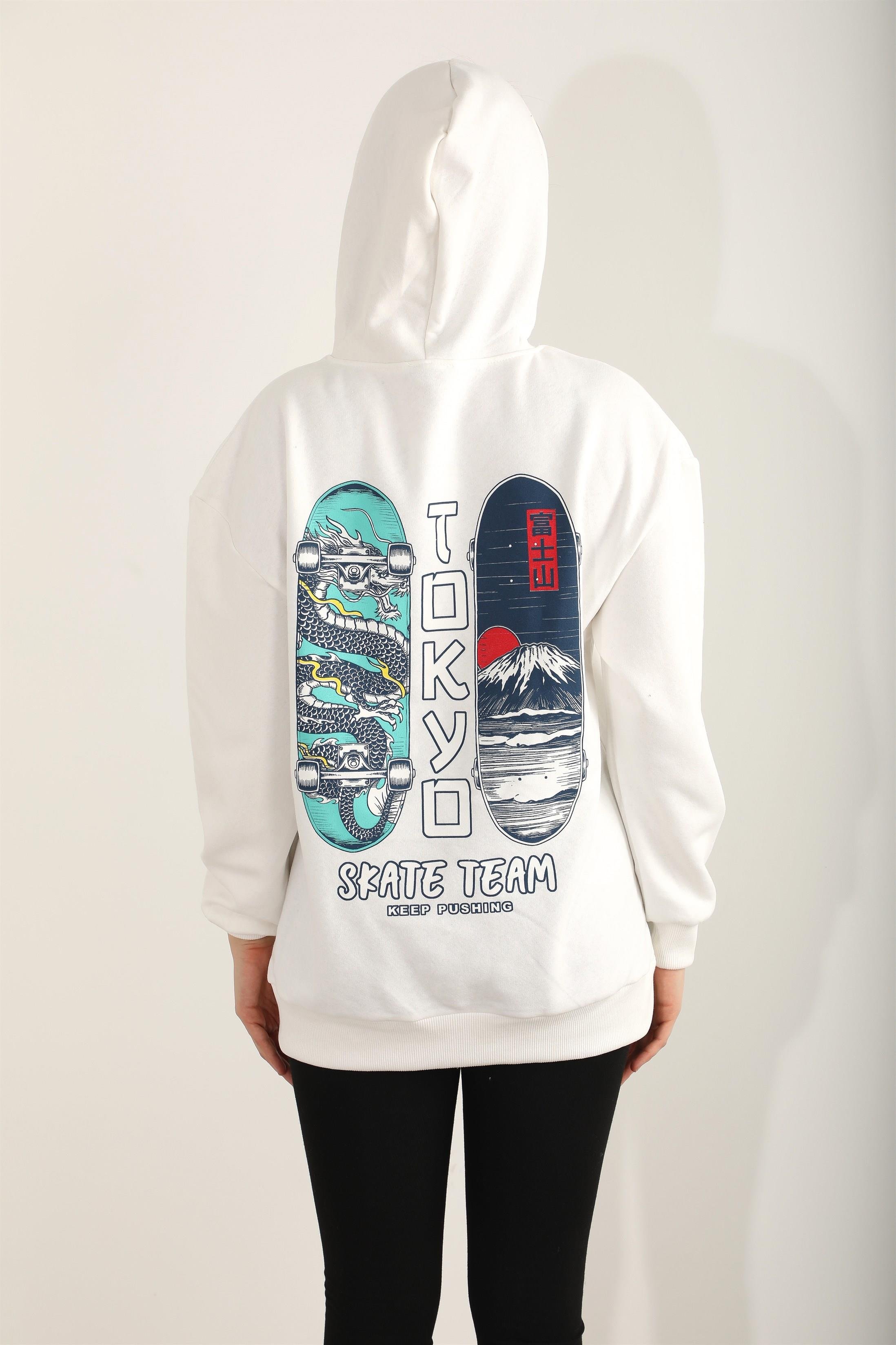 Kadın Tokyo Skate Team Baskılı Kapüşonlu Oversize Sweatshirt
