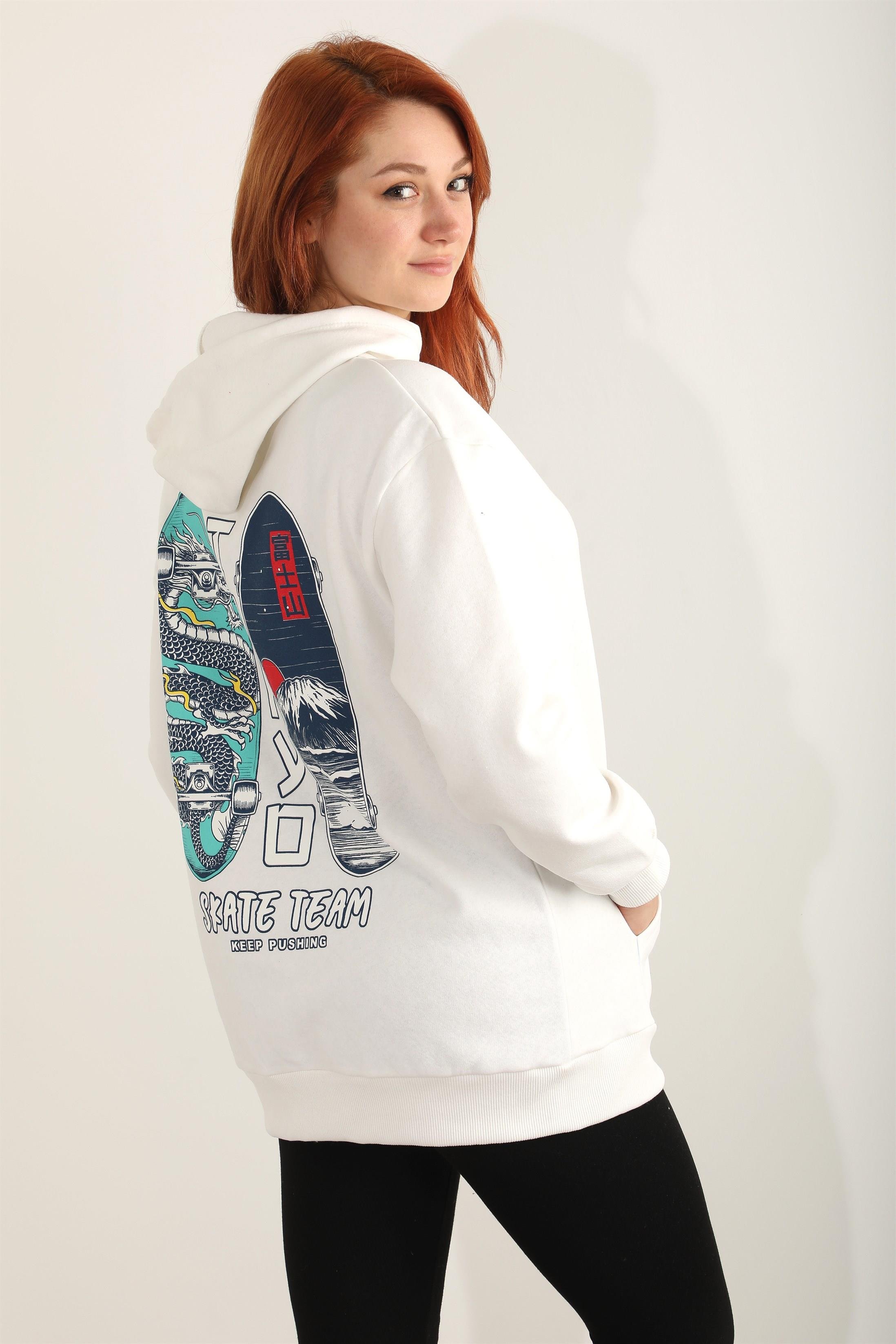 Kadın Tokyo Skate Team Baskılı Kapüşonlu Oversize Sweatshirt