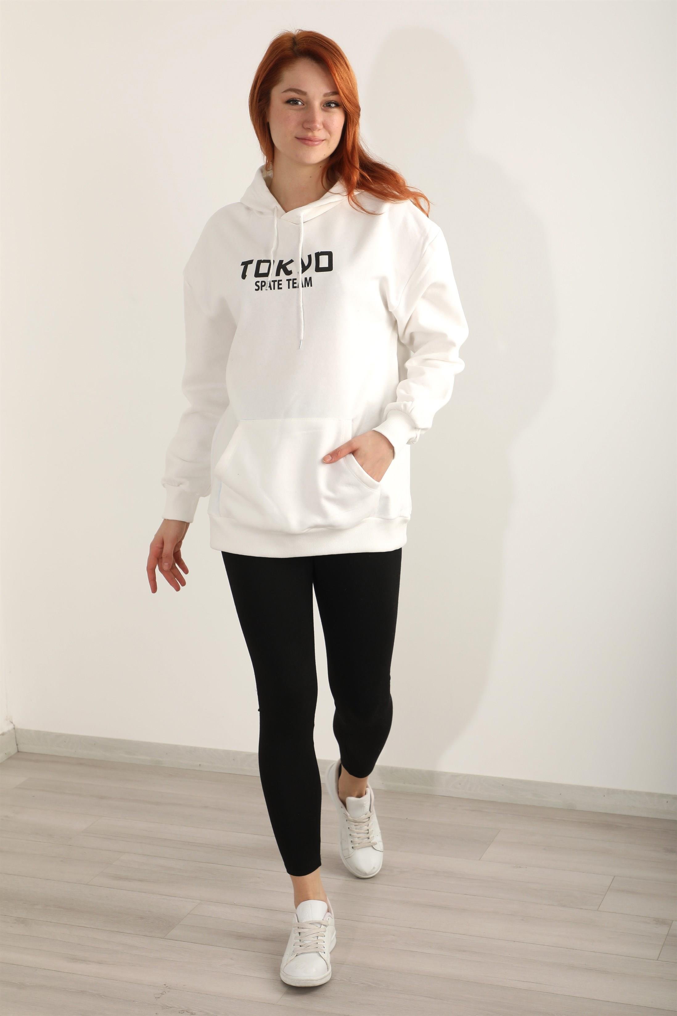 Kadın Tokyo Skate Team Baskılı Kapüşonlu Oversize Sweatshirt