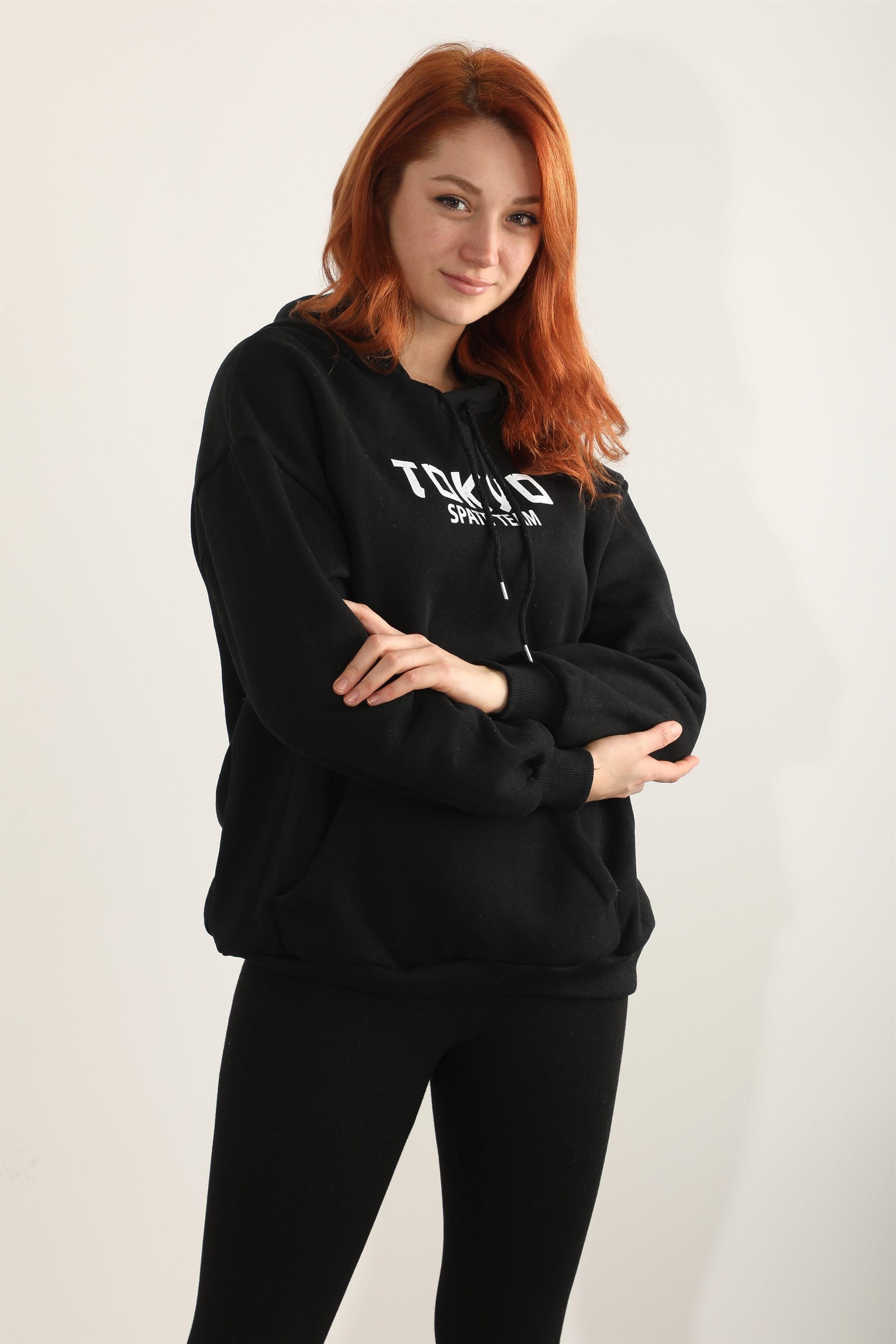 Kadın Tokyo Skate Team Baskılı Kapüşonlu Oversize Sweatshirt