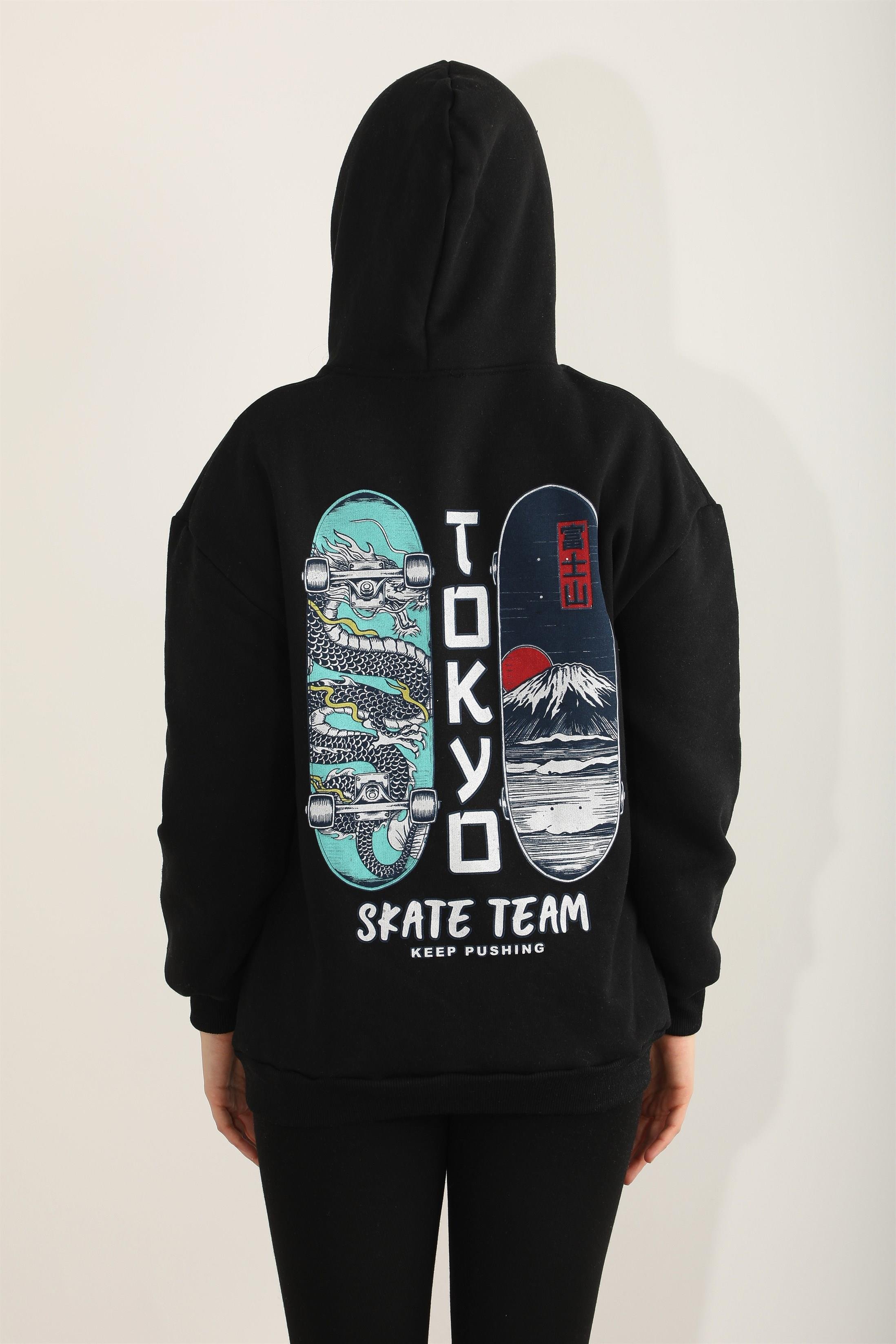 Kadın Tokyo Skate Team Baskılı Kapüşonlu Oversize Sweatshirt