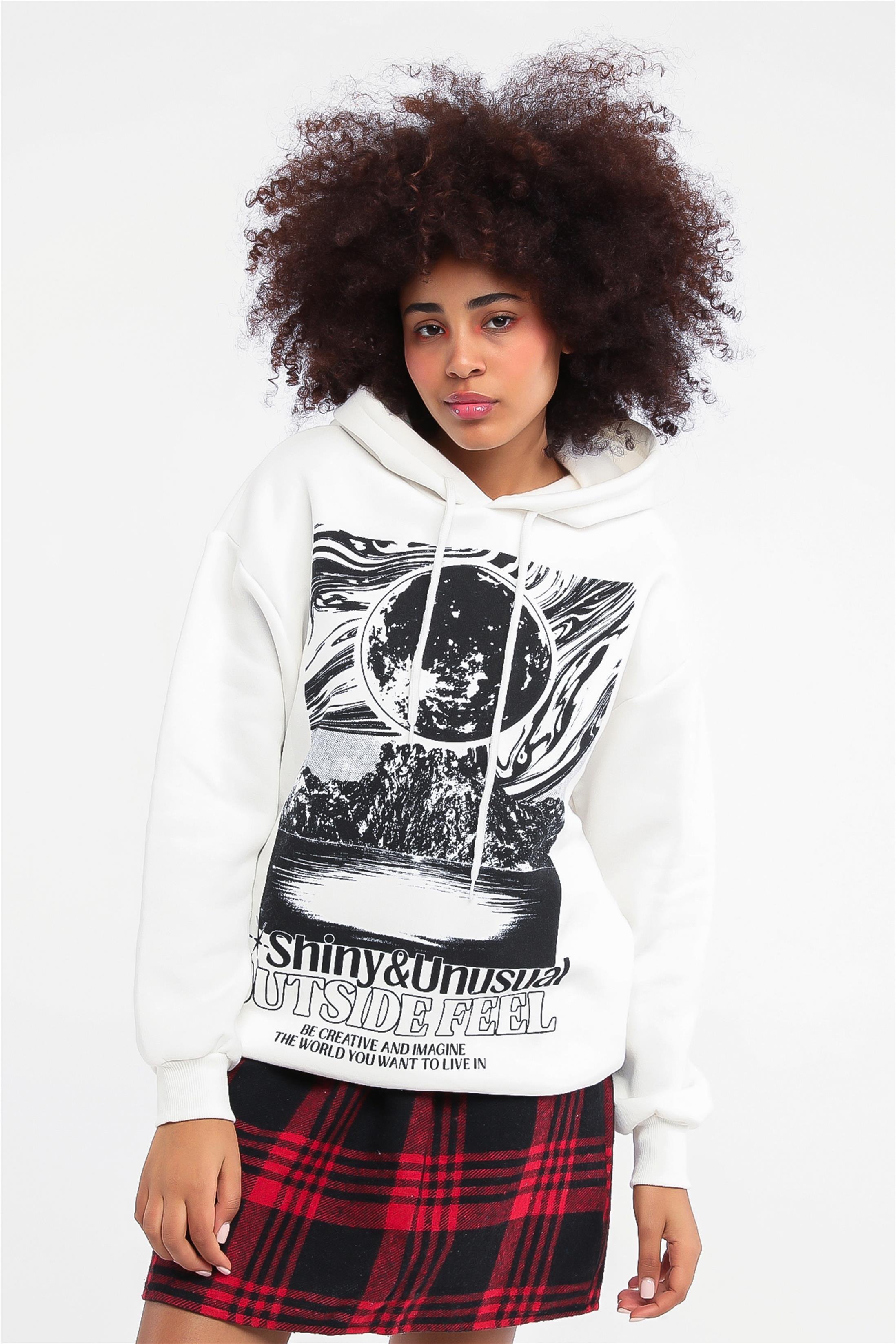 Kadın Shiny Baskılı Beli Lastikli Kapüşonlu Sweatshirt