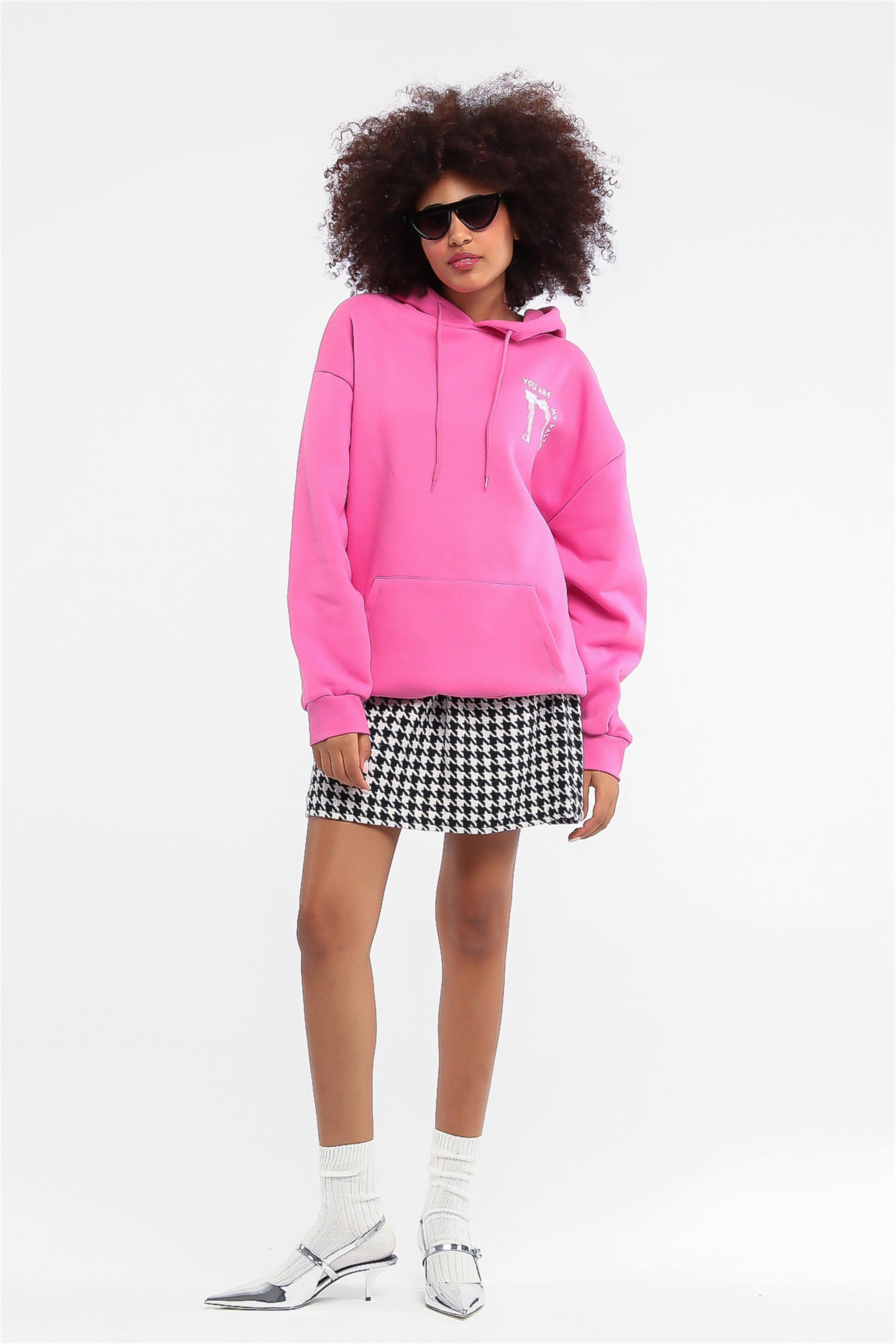 Kadın You Are Baskılı Çift Cepli Kapüşonlu Oversize Sweatshirt