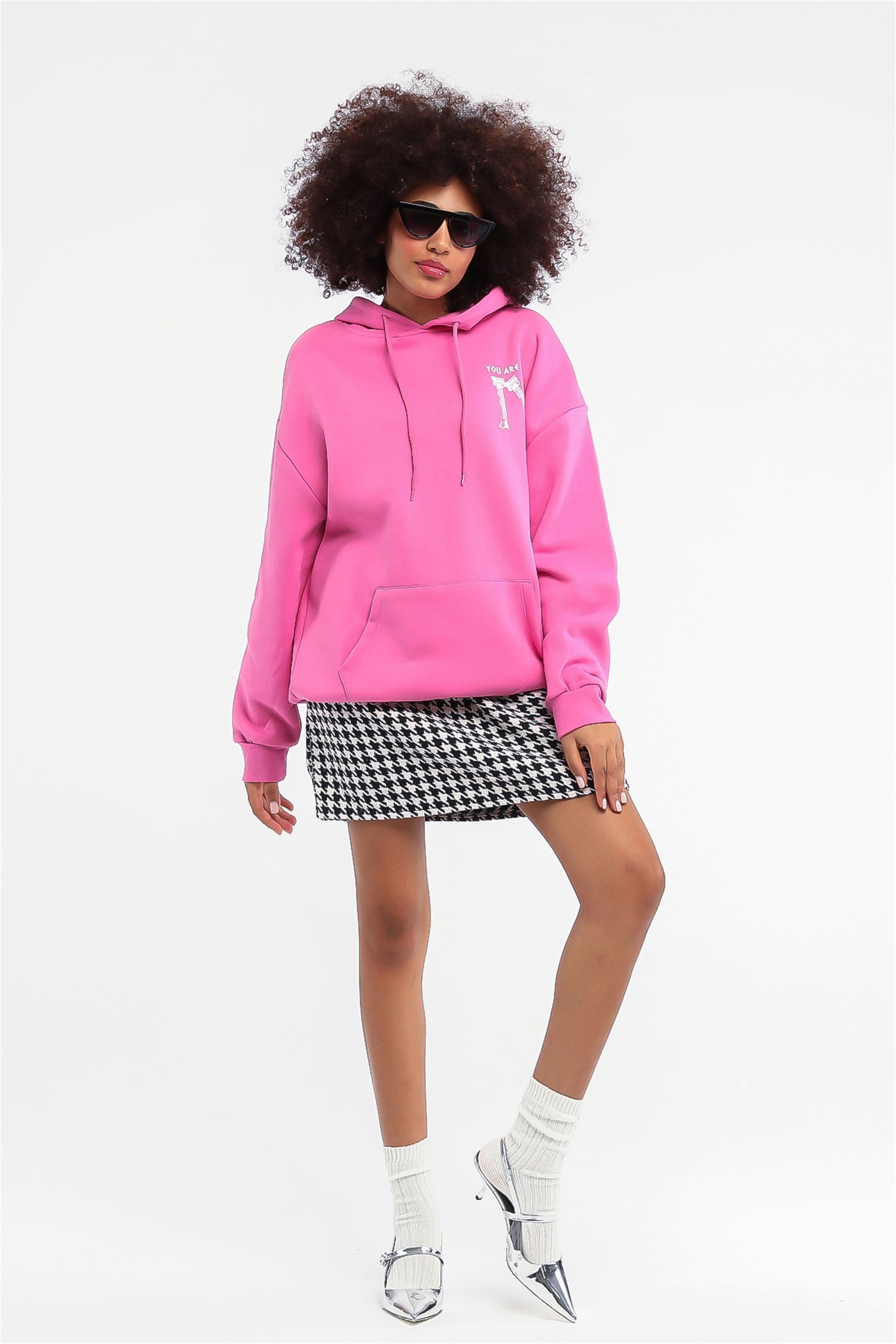 Kadın You Are Baskılı Çift Cepli Kapüşonlu Oversize Sweatshirt