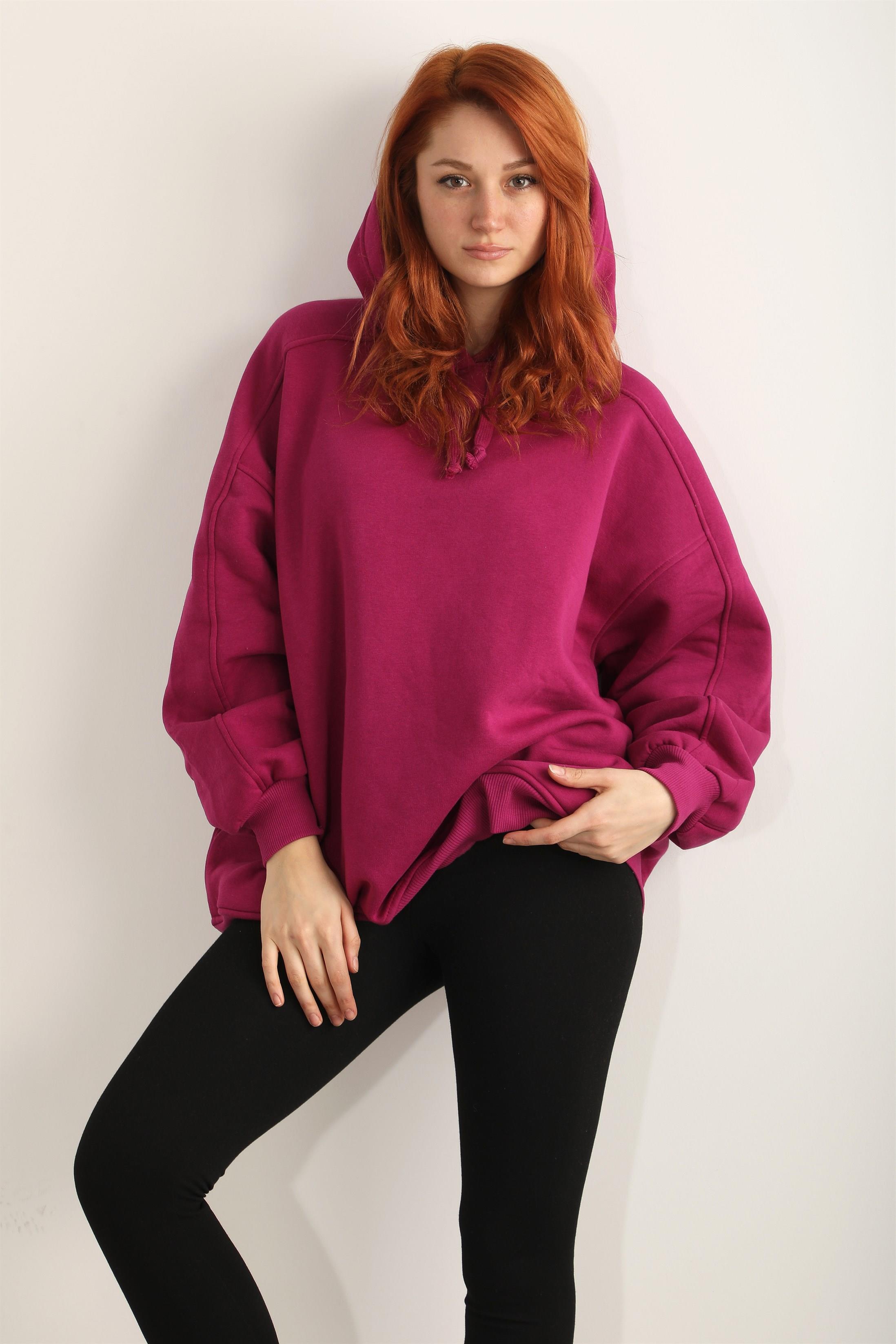 Kadın Kapüşonlu Basic Salaş Oversize Kordonlu Sweatshirt