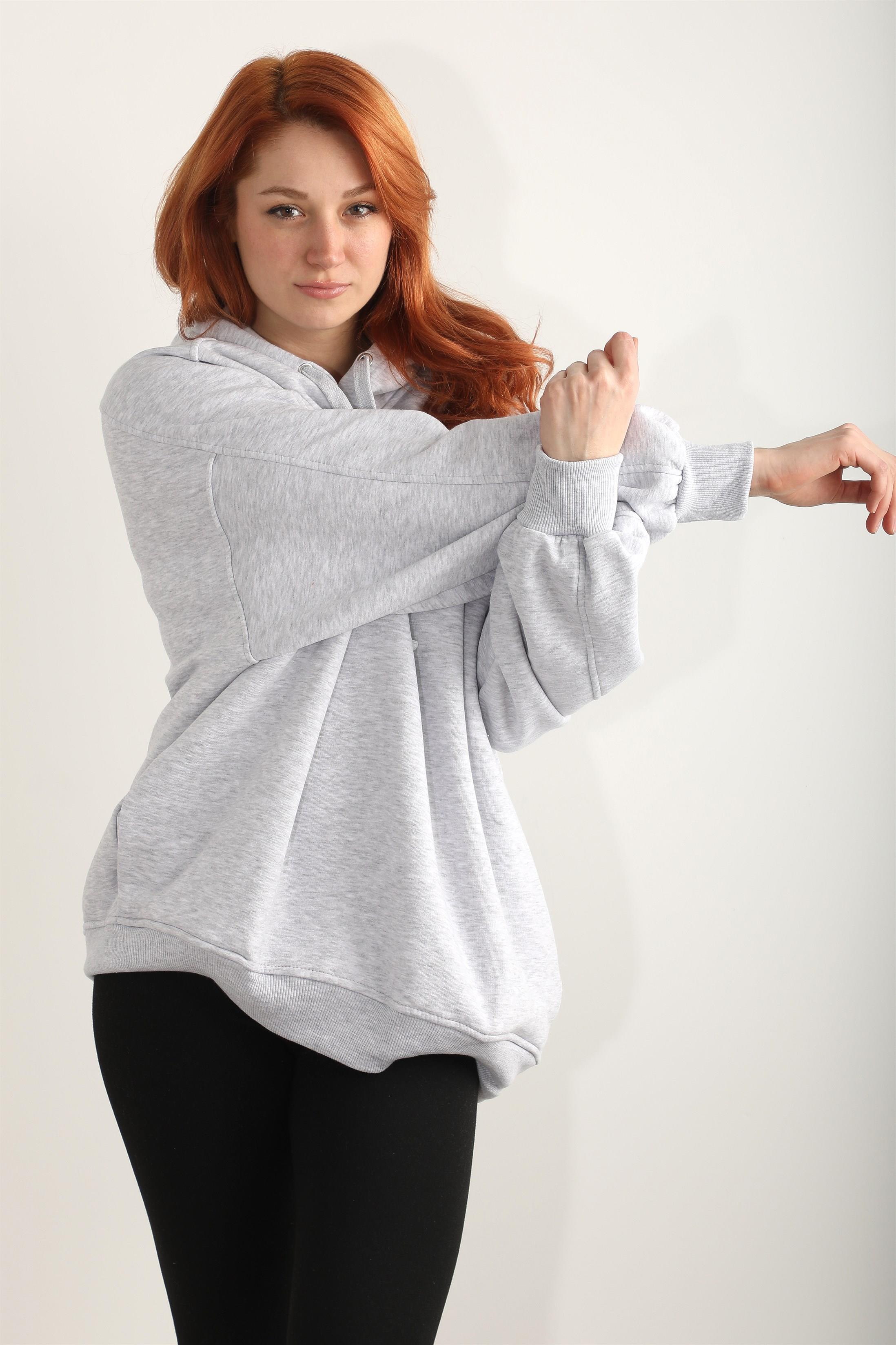 Kadın Kapüşonlu Basic Salaş Oversize Kordonlu Sweatshirt