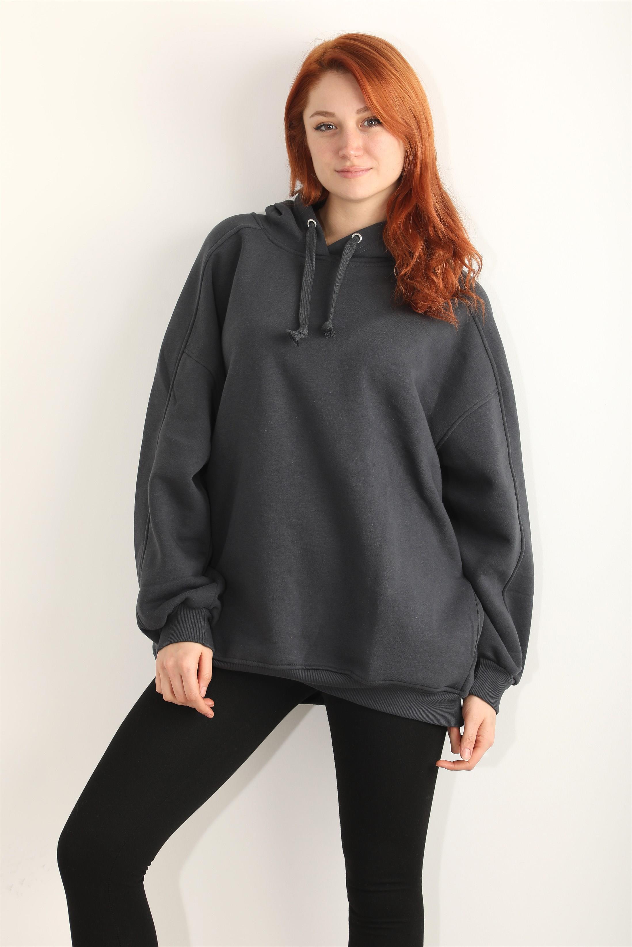 Kadın Kapüşonlu Basic Salaş Oversize Kordonlu Sweatshirt