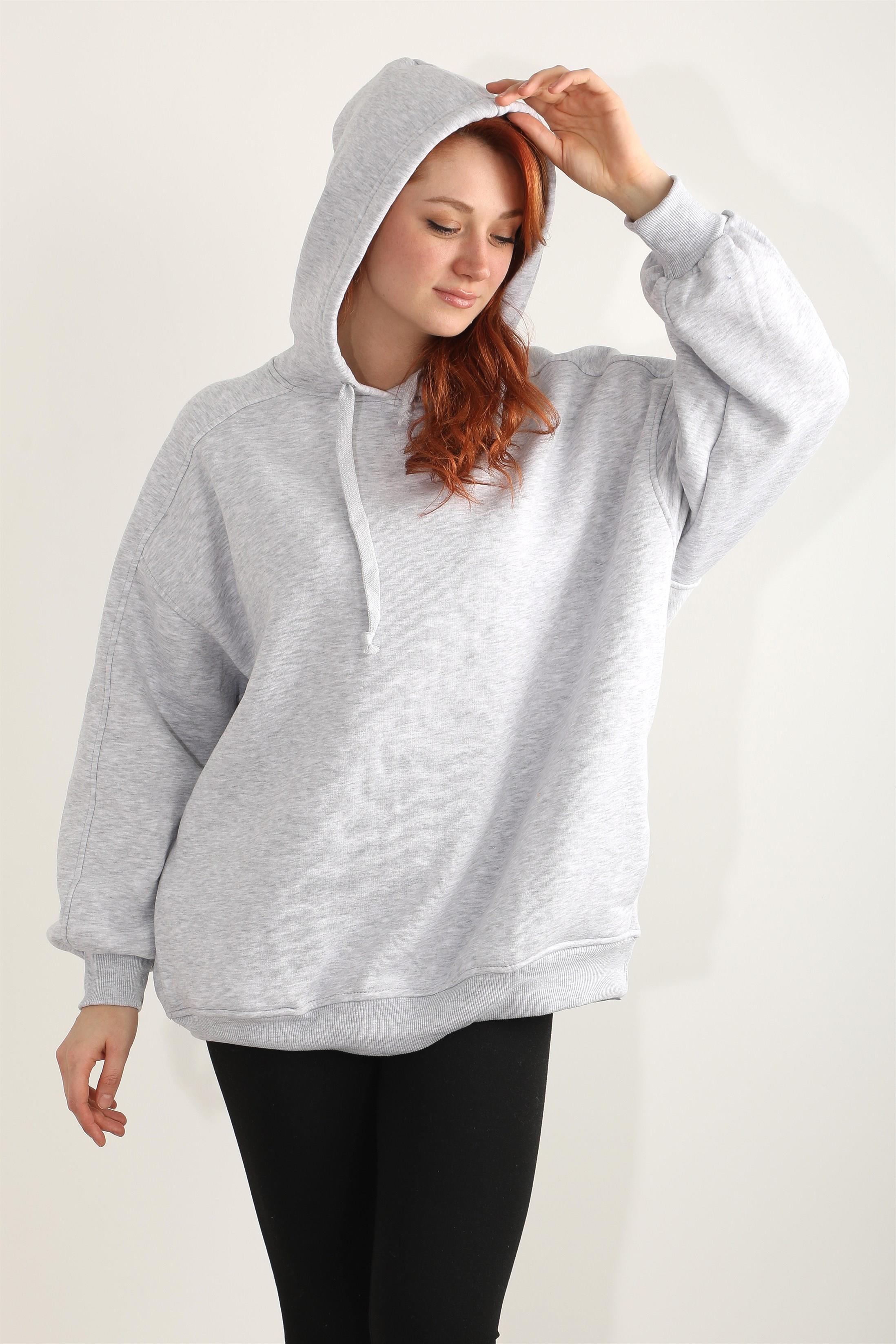 Kadın Kapüşonlu Basic Salaş Oversize Kordonlu Sweatshirt