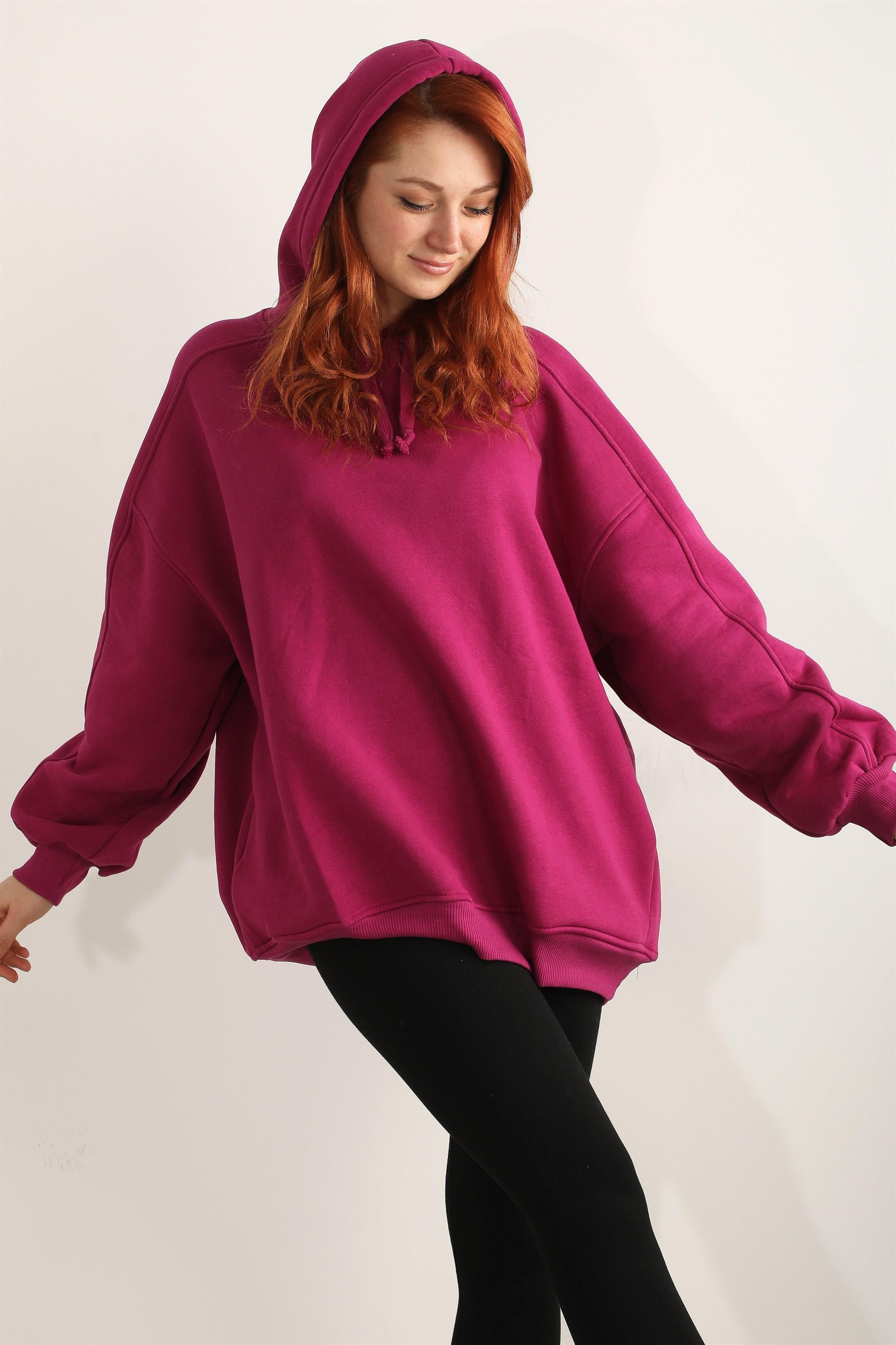 Kadın Kapüşonlu Basic Salaş Oversize Kordonlu Sweatshirt