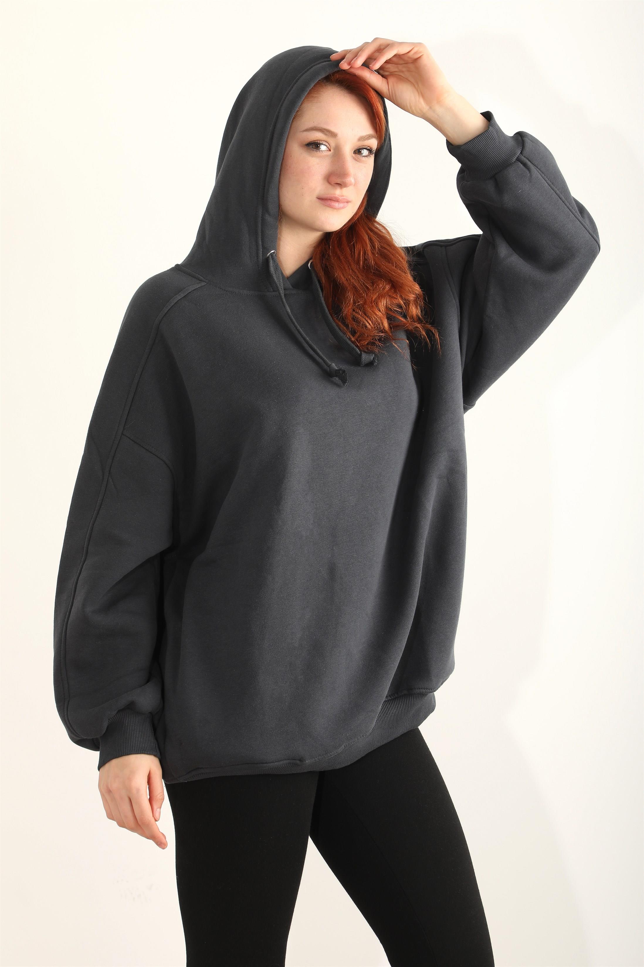 Kadın Kapüşonlu Basic Salaş Oversize Kordonlu Sweatshirt