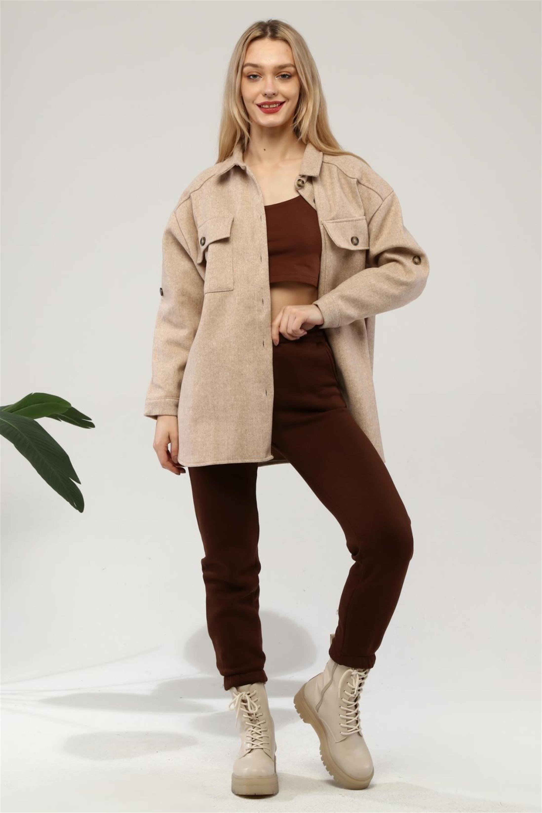 Kadın Oversize Önü Çift Cepli Kaşe Gömlek Ceket