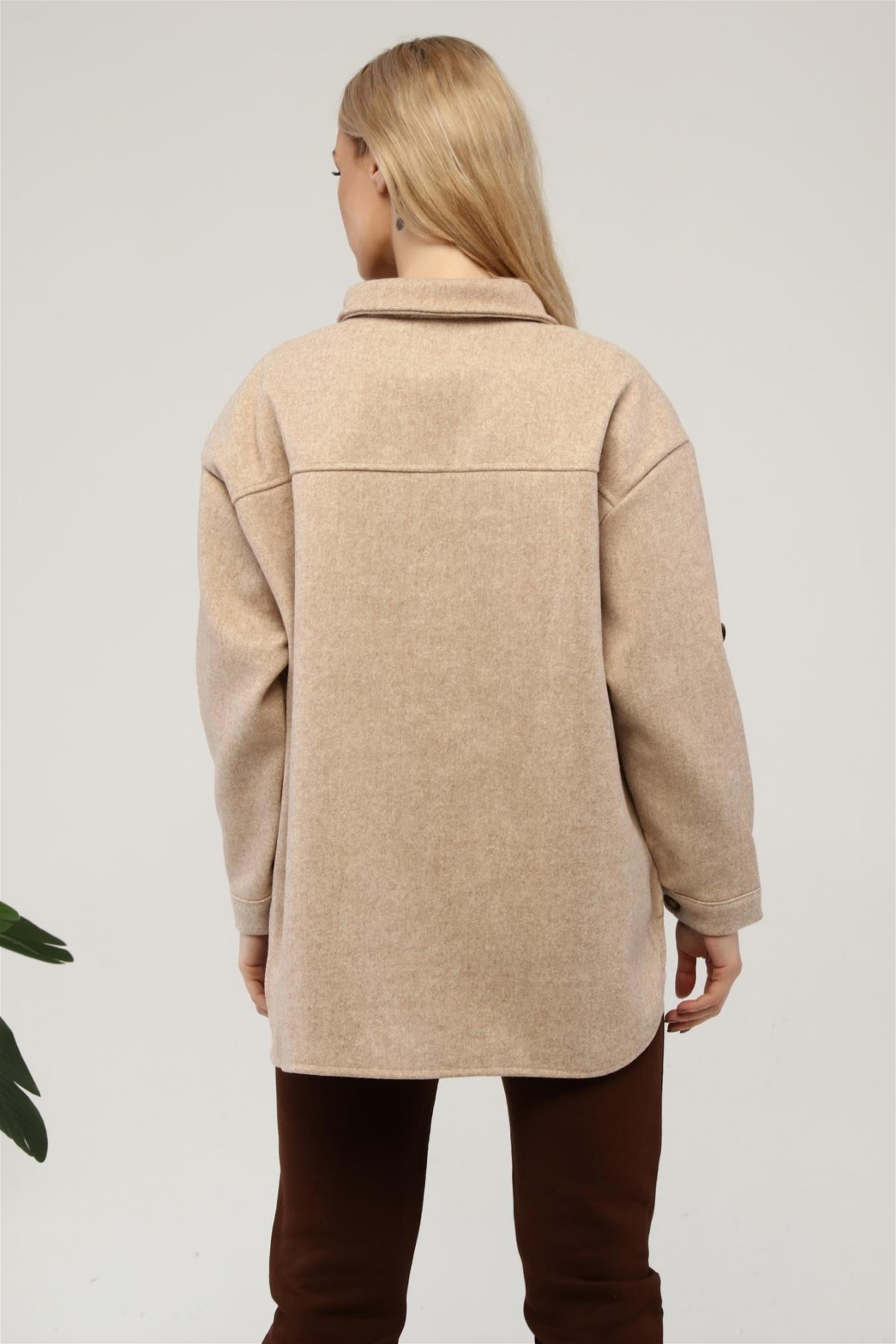 Kadın Oversize Önü Çift Cepli Kaşe Gömlek Ceket