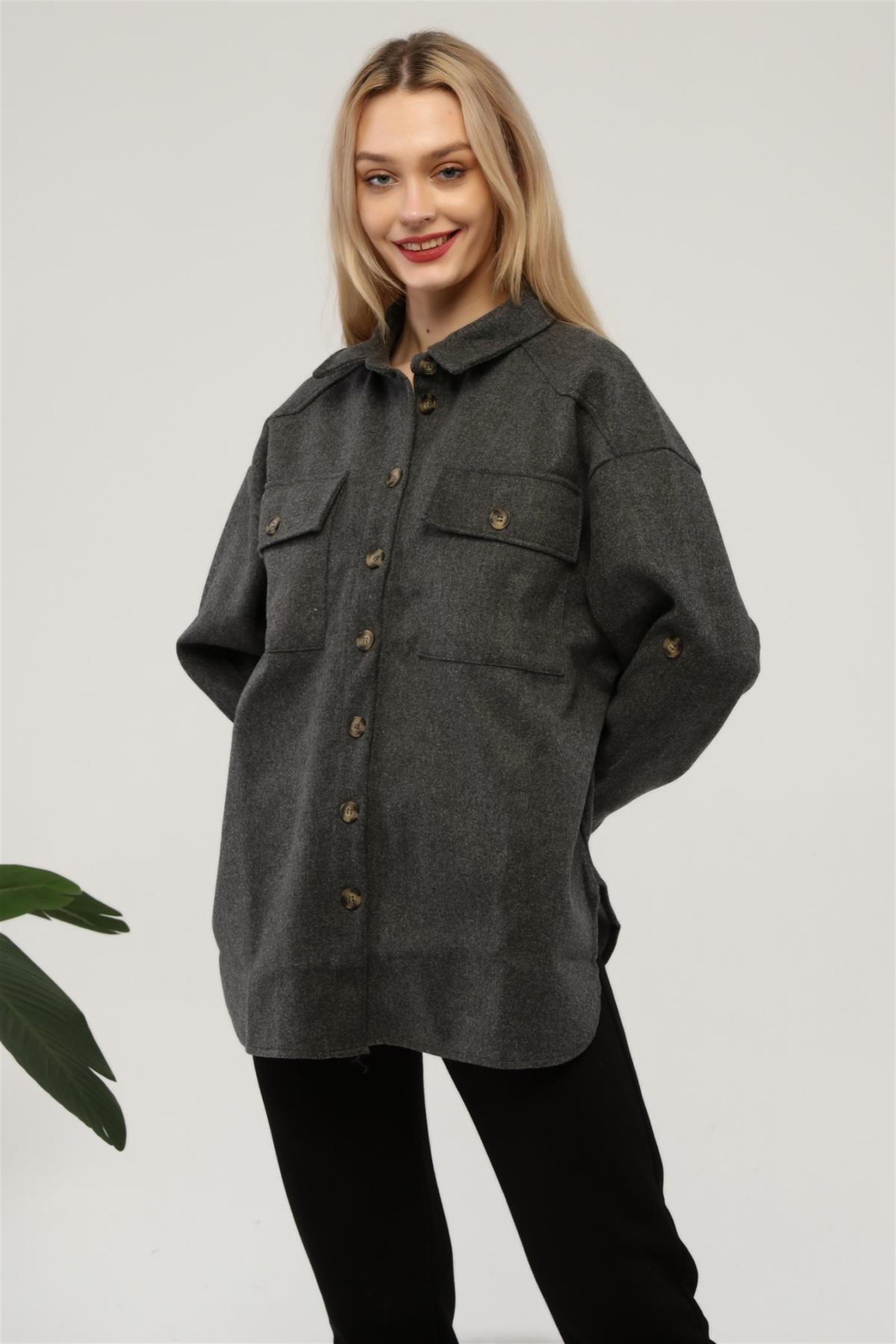 Kadın Oversize Önü Çift Cepli Kaşe Gömlek Ceket
