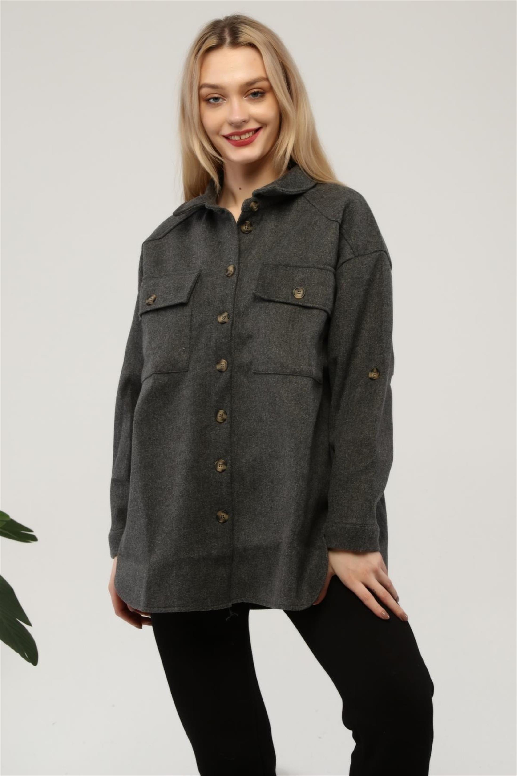 Kadın Oversize Önü Çift Cepli Kaşe Gömlek Ceket