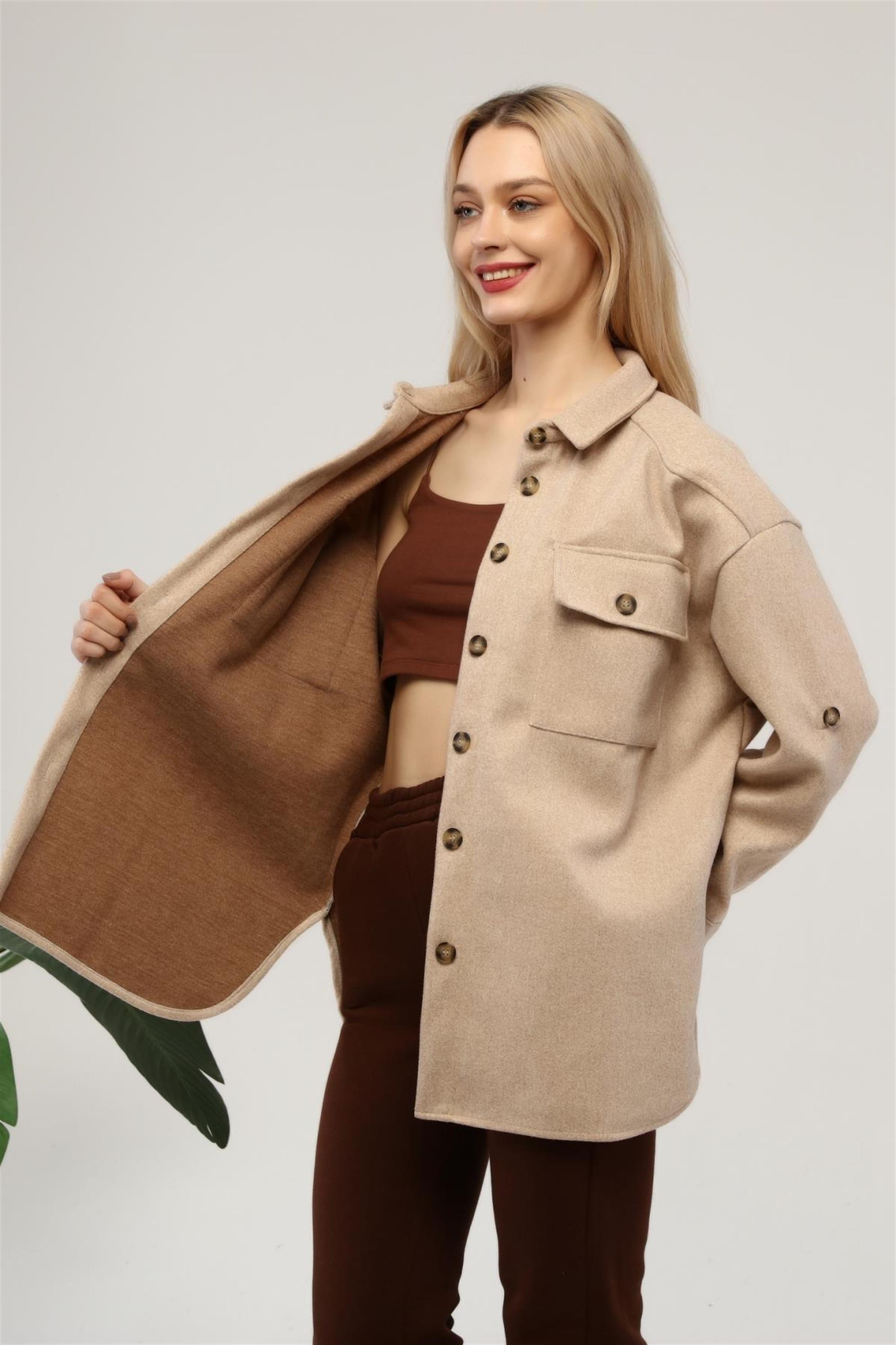 Kadın Oversize Önü Çift Cepli Kaşe Gömlek Ceket