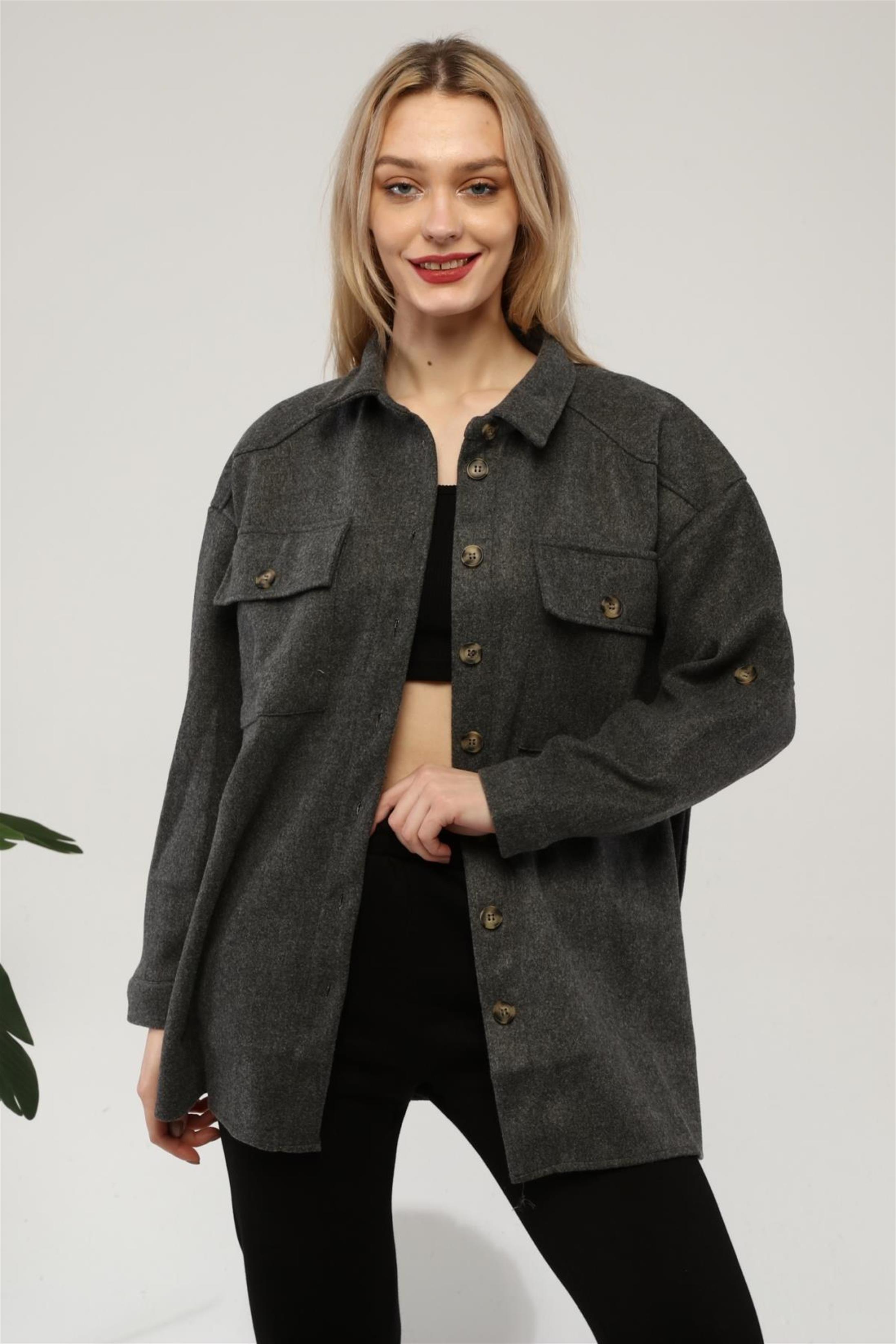Kadın Oversize Önü Çift Cepli Kaşe Gömlek Ceket