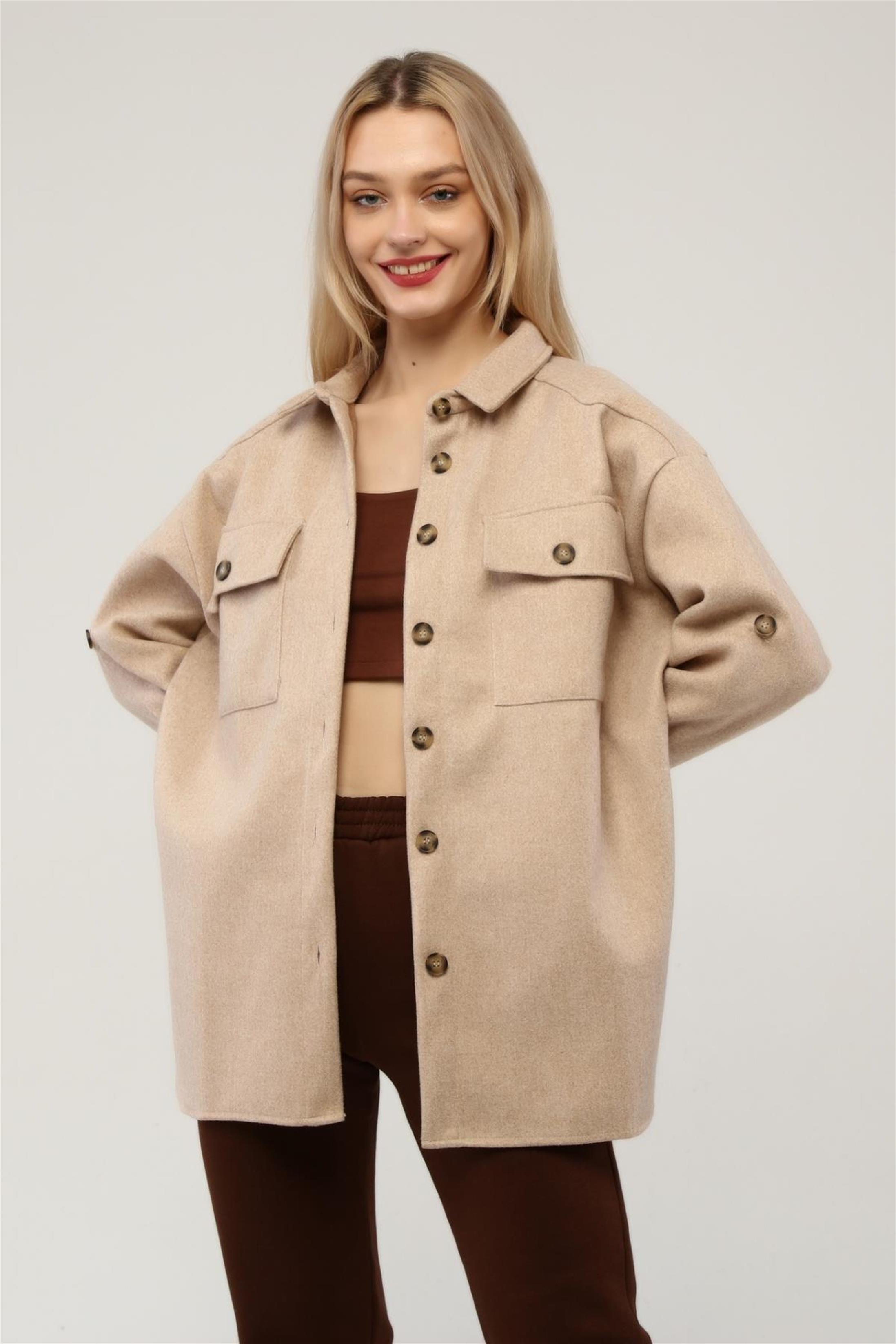 Kadın Oversize Önü Çift Cepli Kaşe Gömlek Ceket