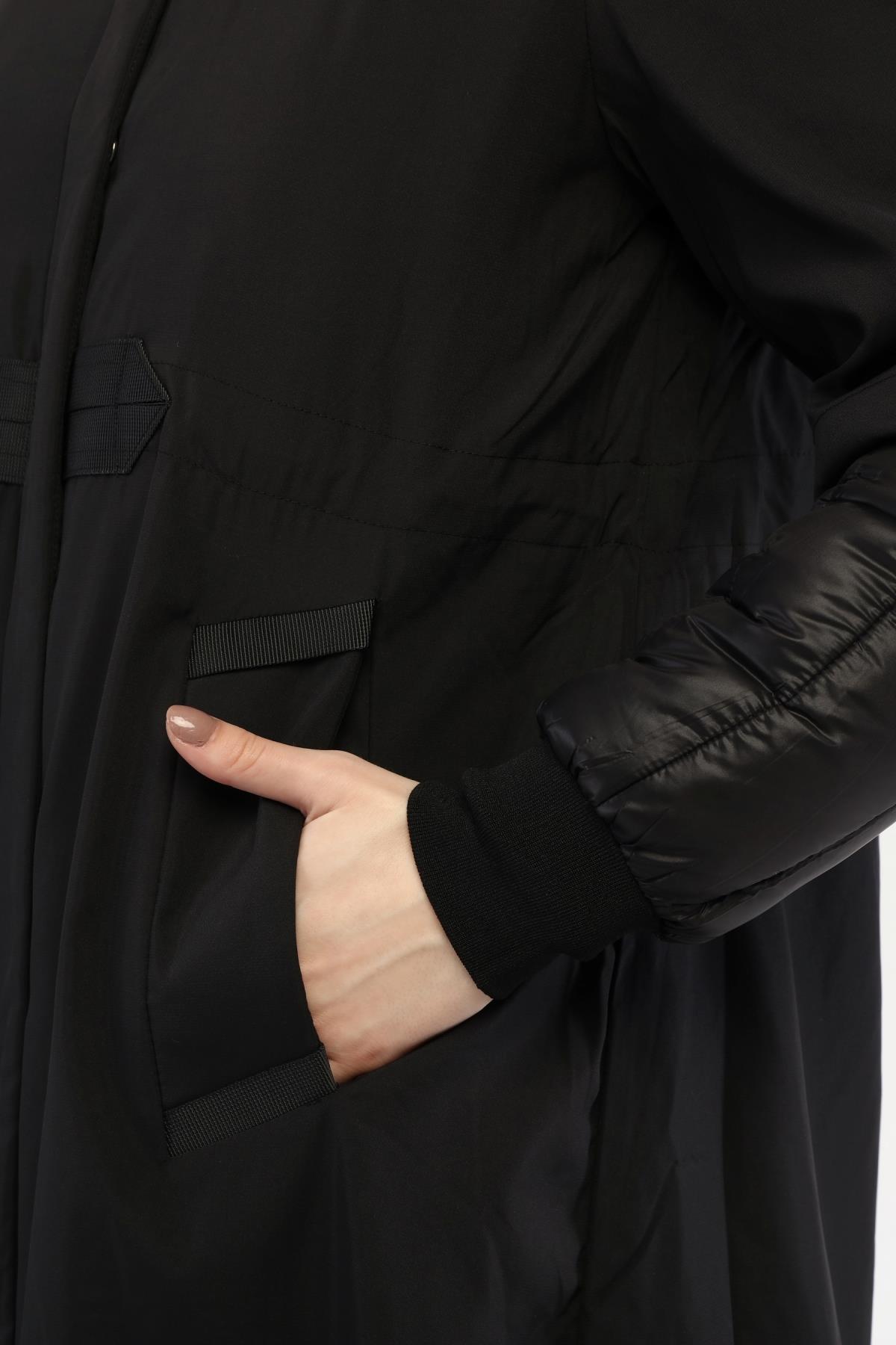 Kadın Siyah Kapüşonlu Oversize Uzun Mont