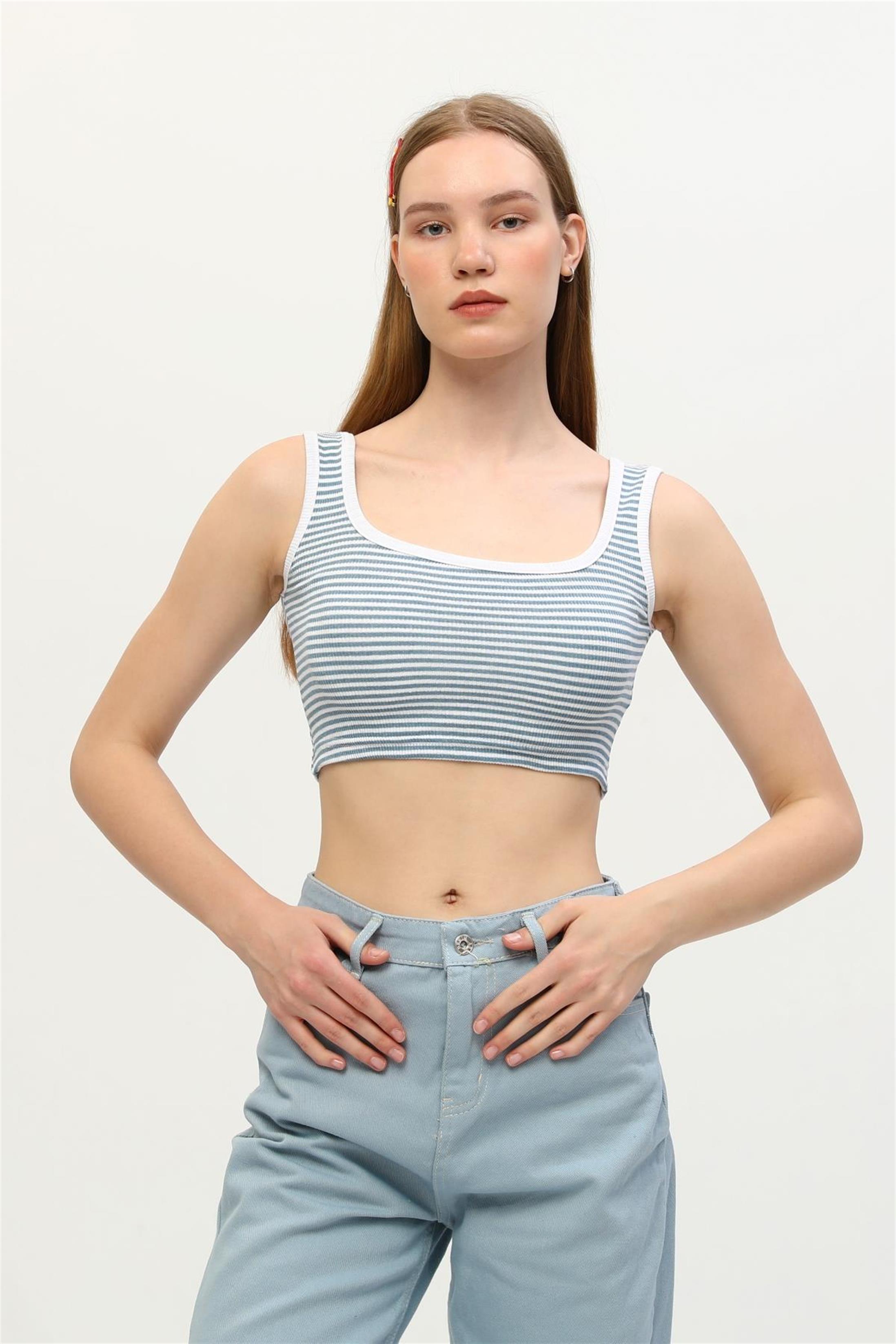Kadın Çizgili Kaşkorse Aslıkı Crop Top Büstiyer